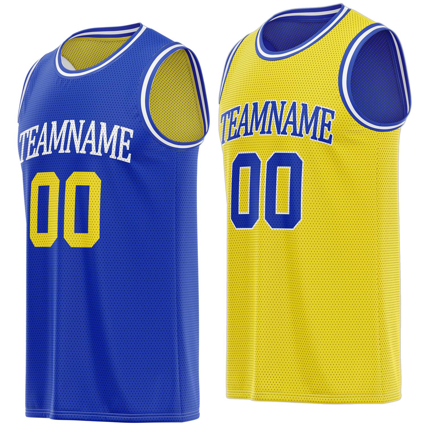 Custom reversible blue & gold basketball jersey, personalized team name number logo breathable mesh sports top for men women youth game practice - Vosoli