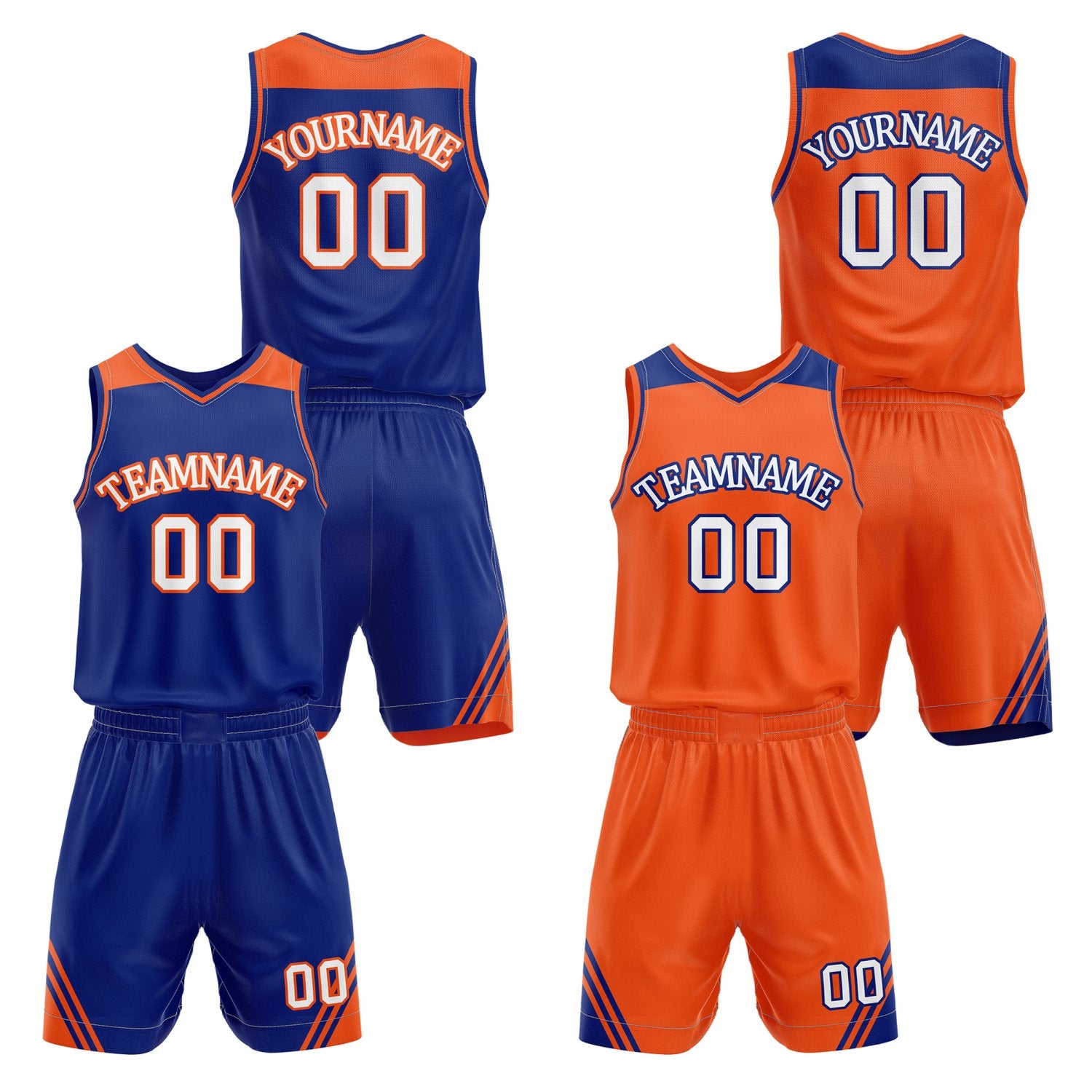 Custom reversible blue & orange basketball uniform set, personalized with team name number and logo, breathable mesh fabric for men women youth game practice - Vosoli