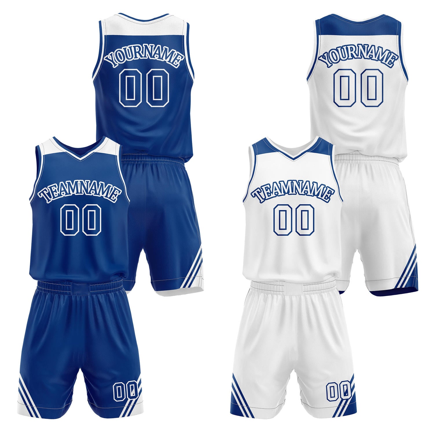 Custom reversible royal blue & white basketball uniform set, personalized with team name number and logo, breathable mesh fabric for men women youth game practice - Vosoli