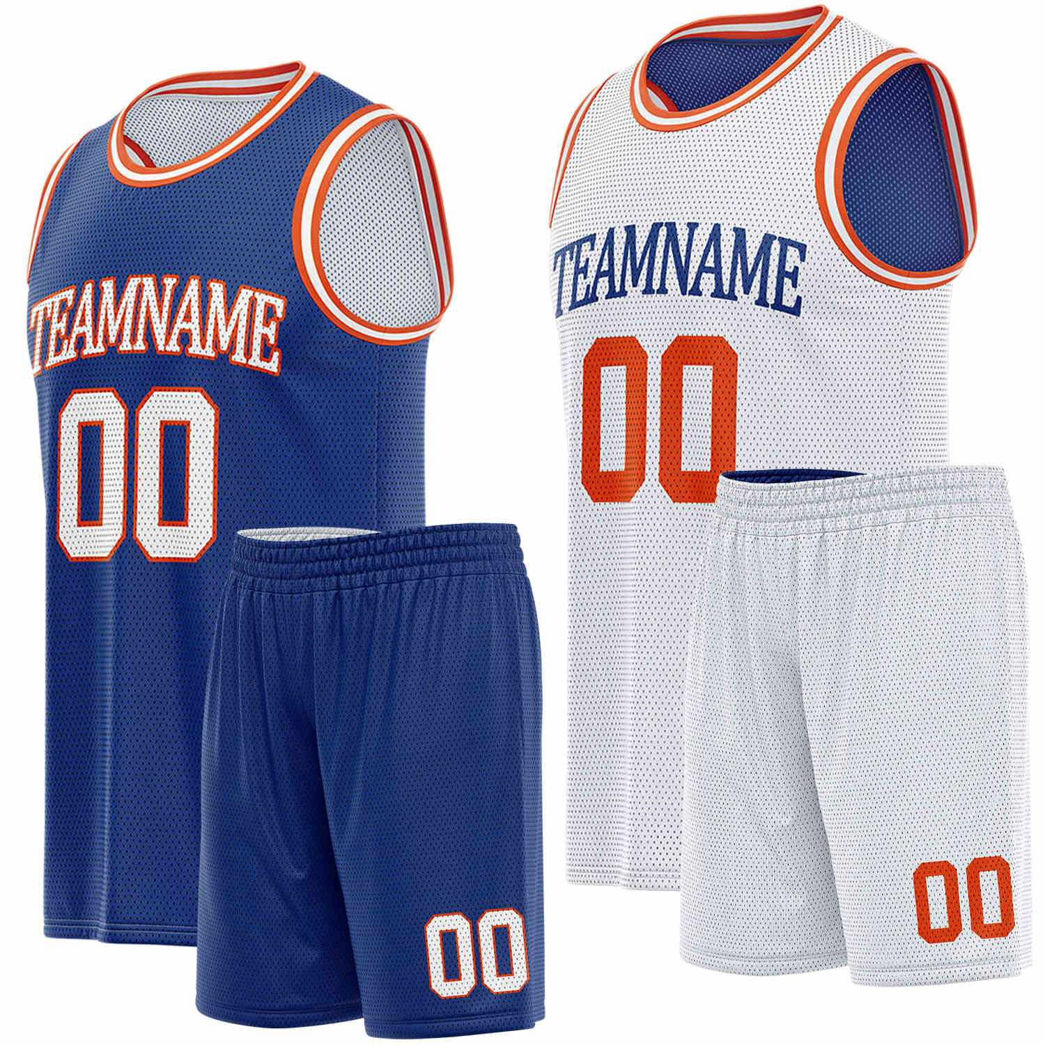 Custom reversible blue & white basketball uniform set, personalized team name number logo breathable mesh sports jersey and shorts for men women youth game practice - Vosoli