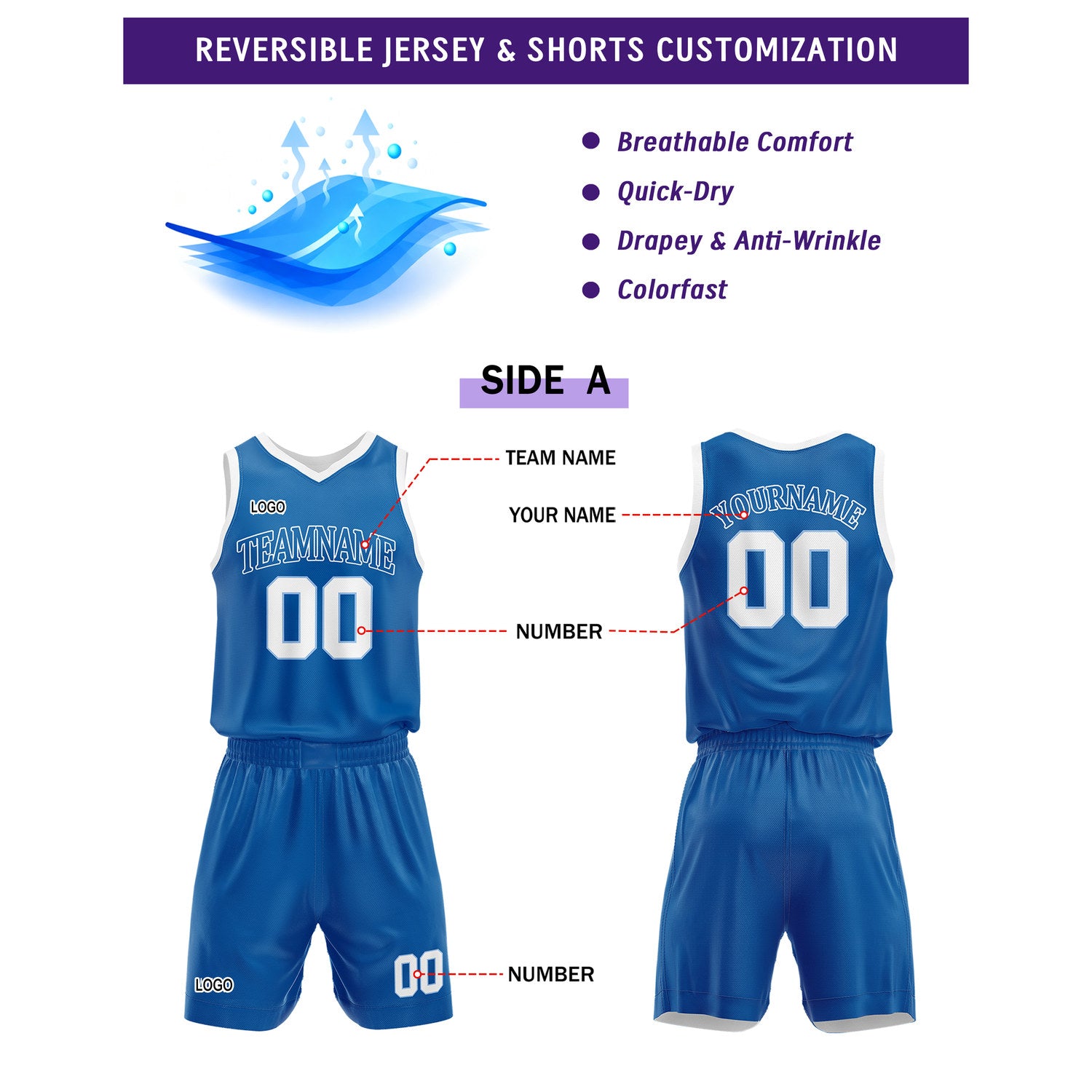 Custom Reversible Royal Blue White Basketball Uniform Set | Team Name & Number - Vosoli