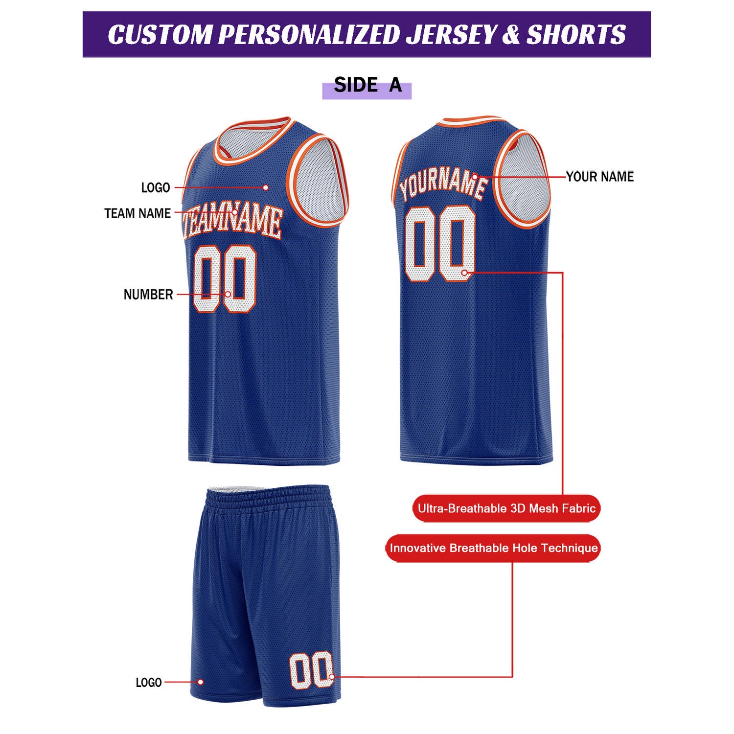 Custom Reversible Royal Blue & White Basketball Uniform Set | Personalized for Team Sports Practice - Vosoli