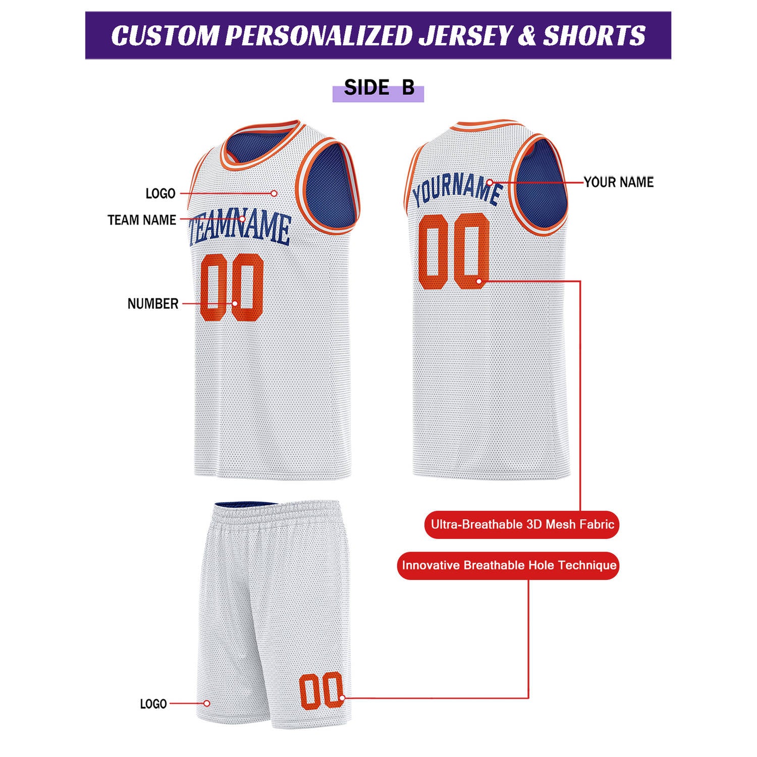Custom Reversible Royal Blue & White Basketball Uniform Set | Personalized for Team Sports Practice - Vosoli