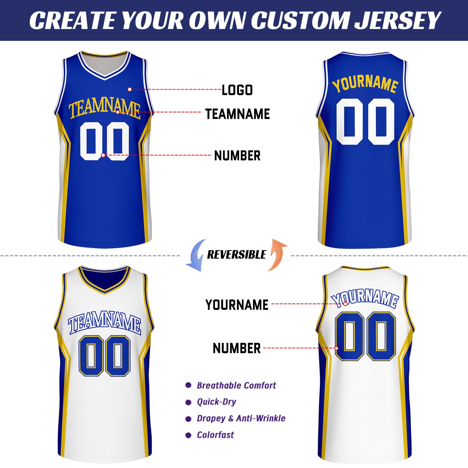 Custom Royal Blue & White Reversible Basketball Uniform Set | Personalized Team Uniforms for Adult & Youth