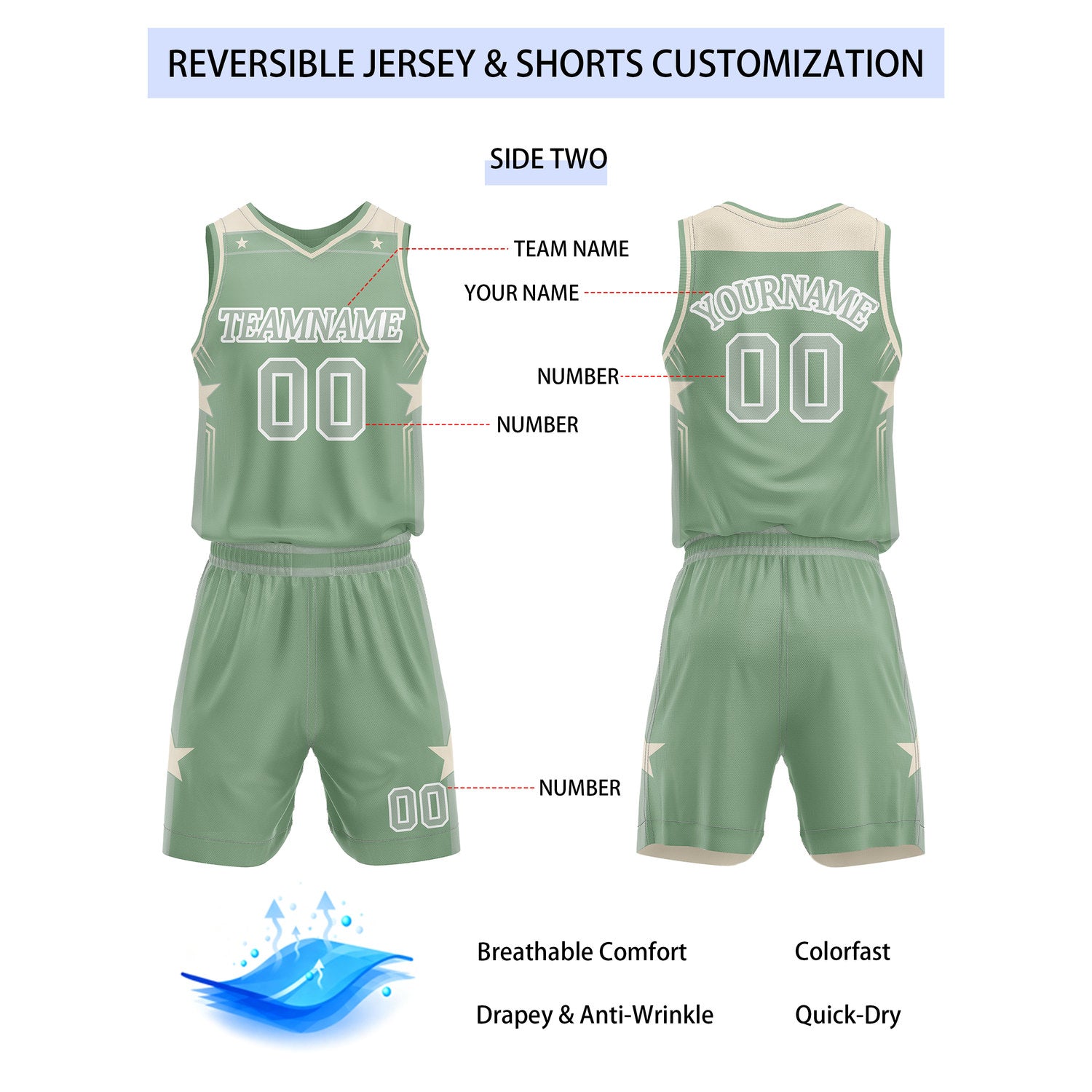 Custom Reversible Soft Green Cream Star Basketball Uniform Set | Team Name & Number - Vosoli