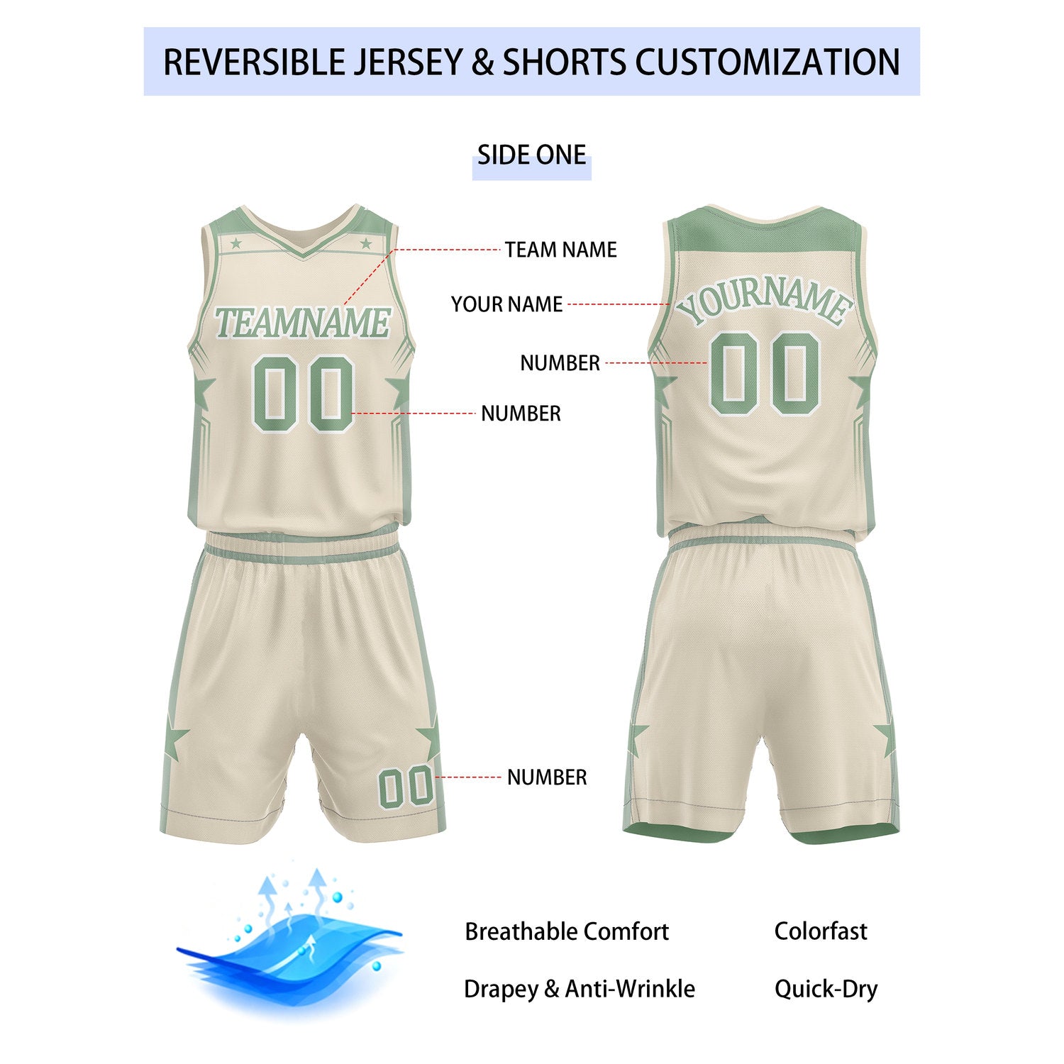 Custom Reversible Soft Green Cream Star Basketball Uniform Set | Team Name & Number - Vosoli