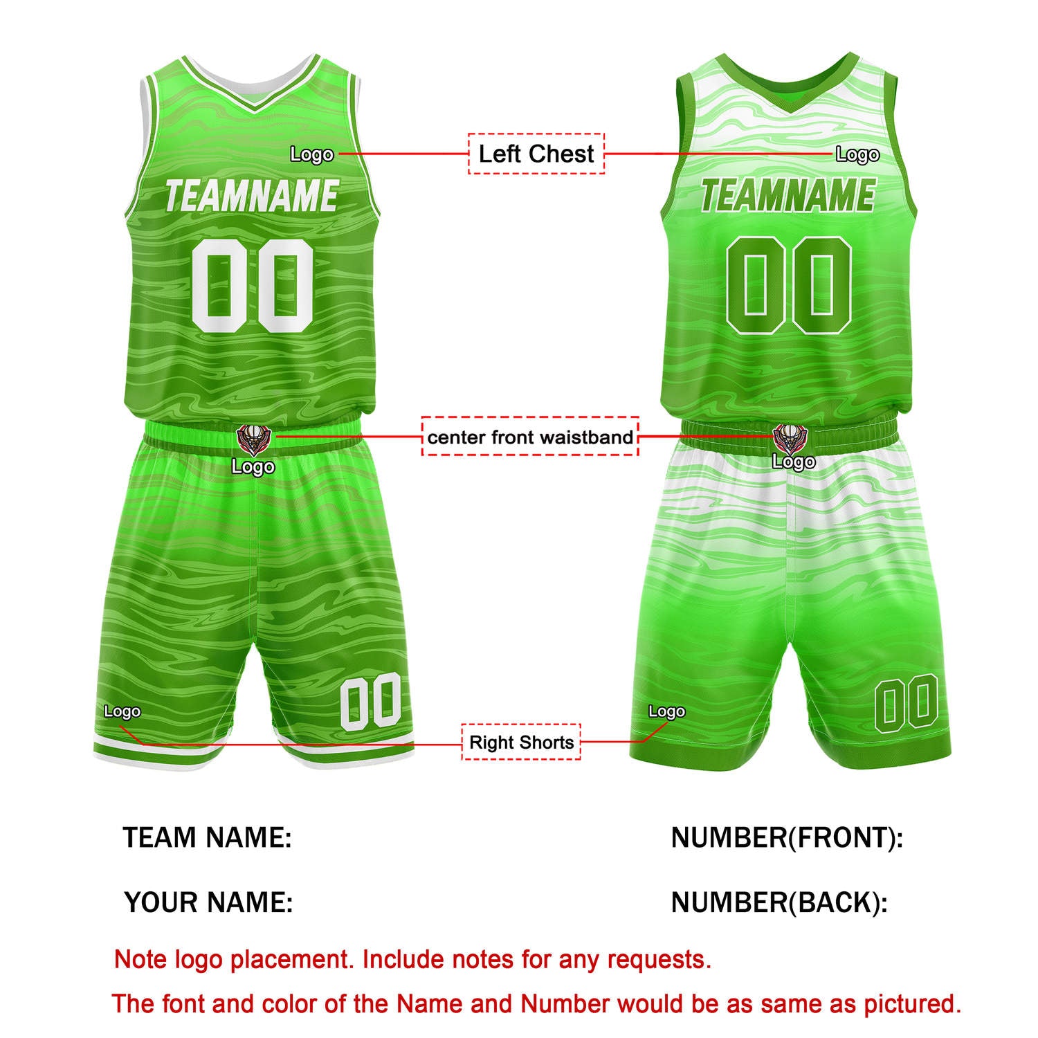 Custom Reversible Solid Green & White Wave Basketball Jersey Set - Personalized Team Name, Number & LOGO | Vosoli