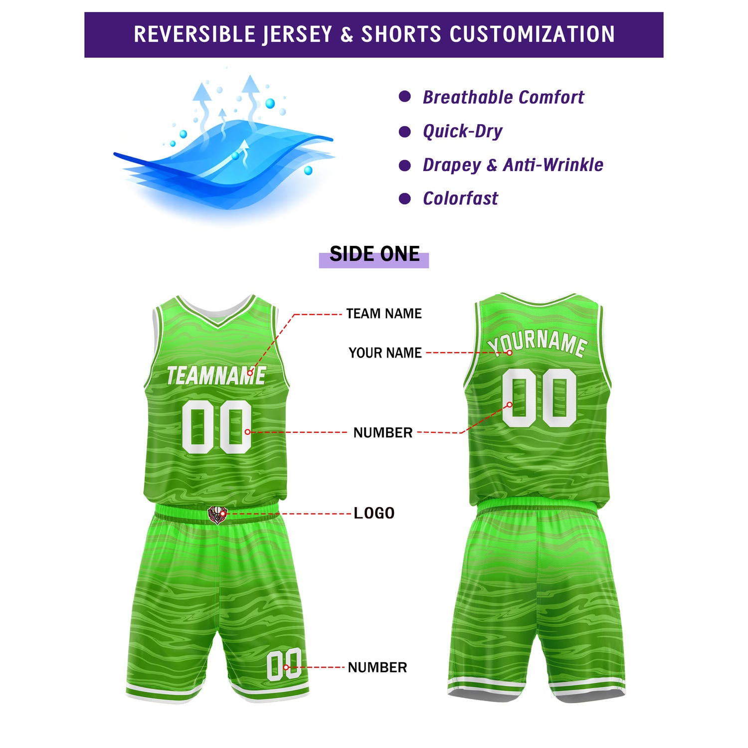 Custom Reversible Solid Green & White Wave Basketball Jersey Set - Personalized Team Name, Number & LOGO | Vosoli