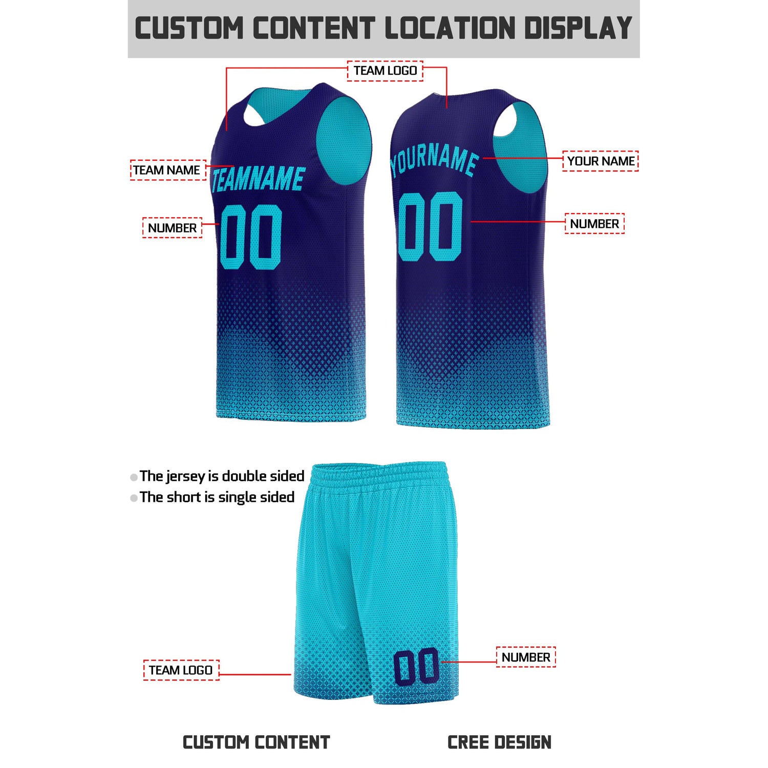 Custom Reversible Teal & Navy Mesh Basketball Uniform | Personalized Team Set | Vosoli