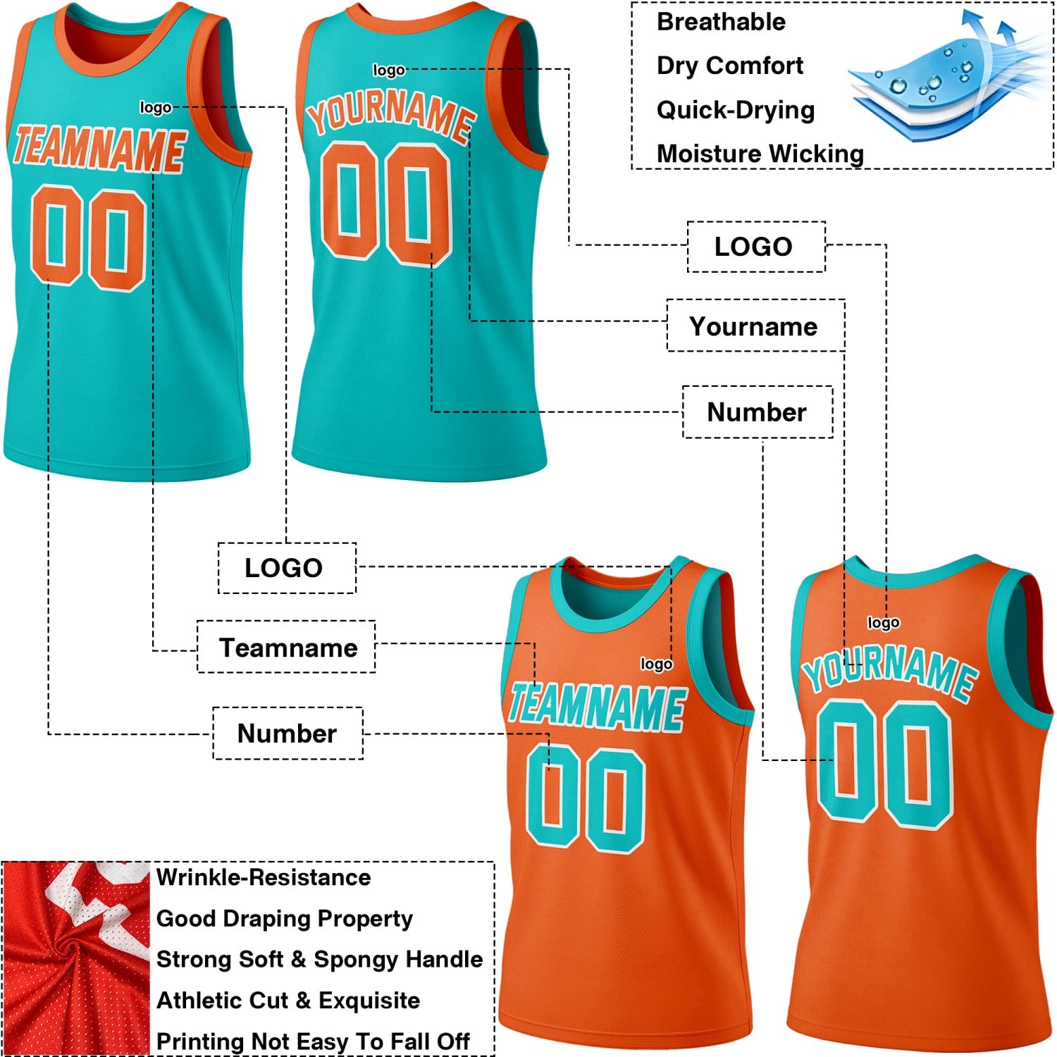 Custom Reversible Teal & Orange Basketball Jersey | Personalized Team Jersey | Vosoli