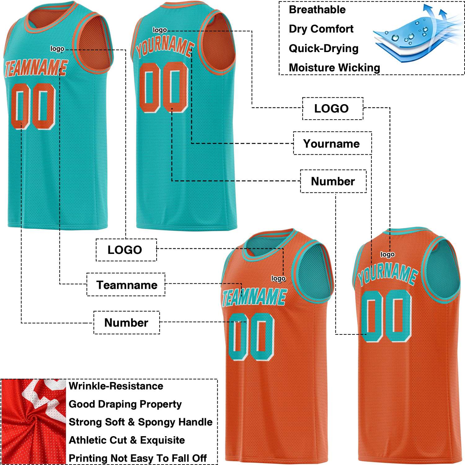 Custom Reversible Teal & Orange Mesh Basketball Jersey | Personalized Team Jersey | Vosoli
