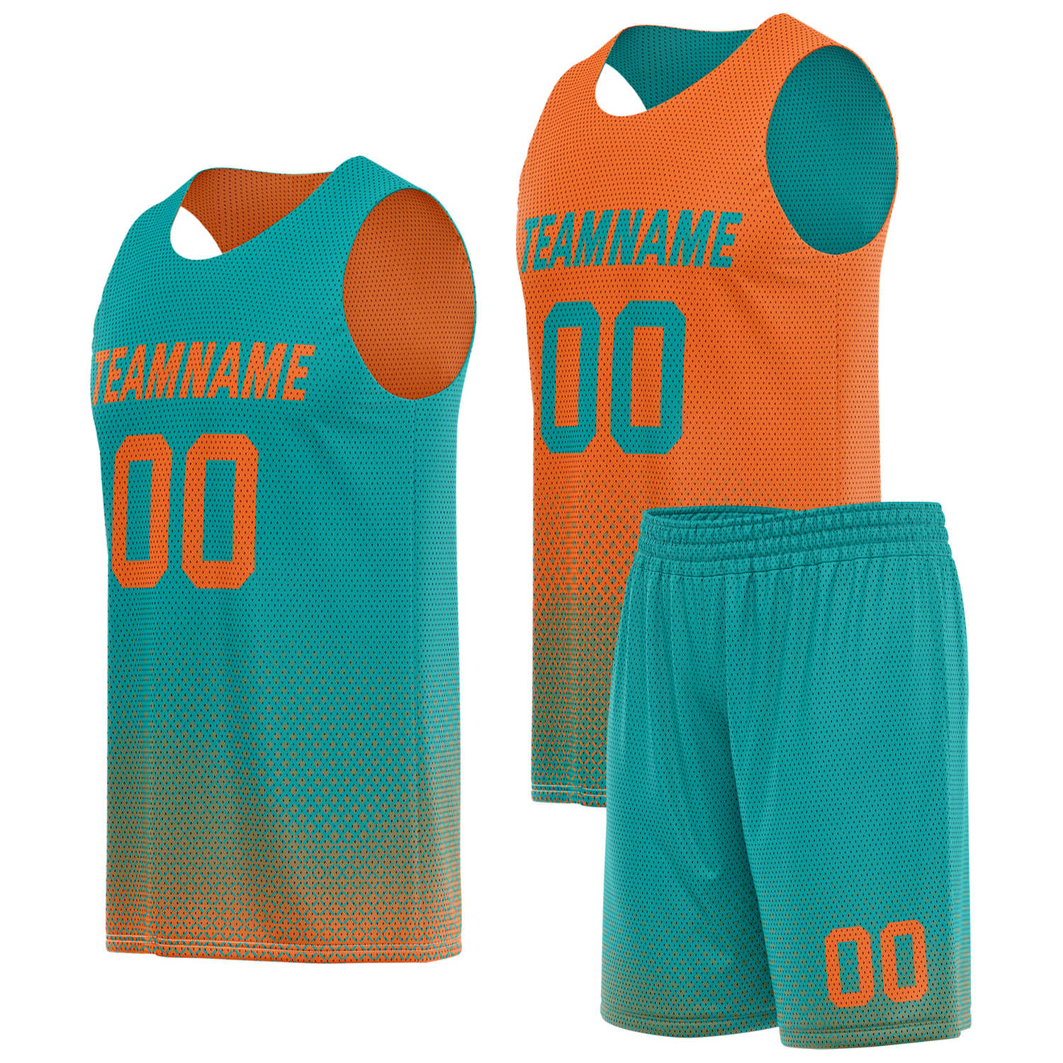 Custom reversible teal orange basketball uniform, personalized team name number logo breathable Mesh sports set for men women youth game practice wear - Vosoli