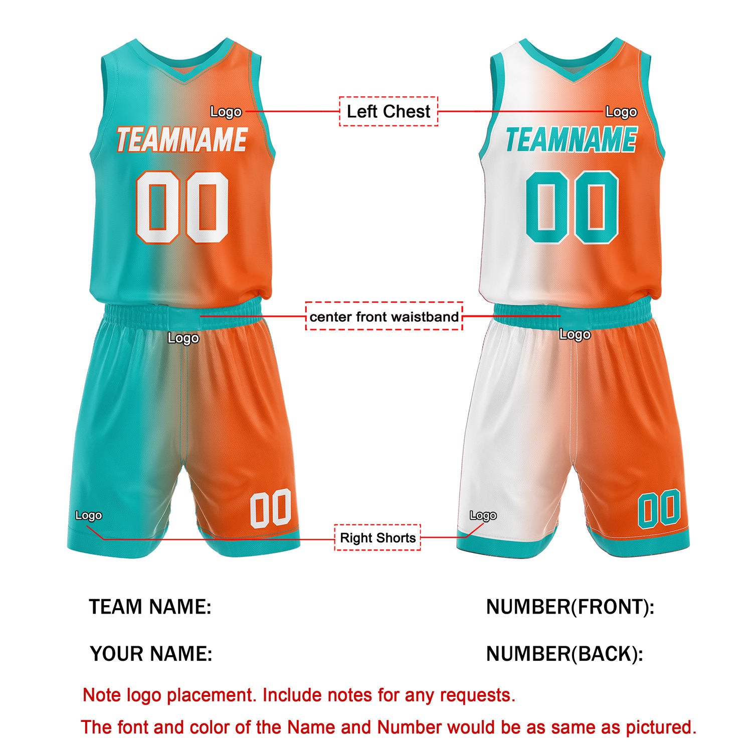 Custom Reversible Teal Orange White Basketball Uniform Set | Team & Player Name - Vosoli
