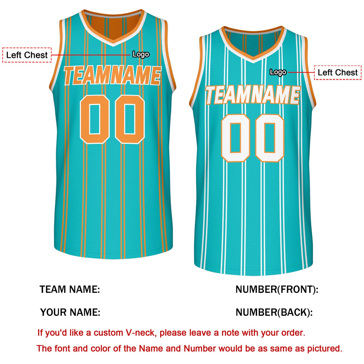 Custom Reversible Teal Orange White Striped Basketball Jersey | Team Name & Number - Vosoli
