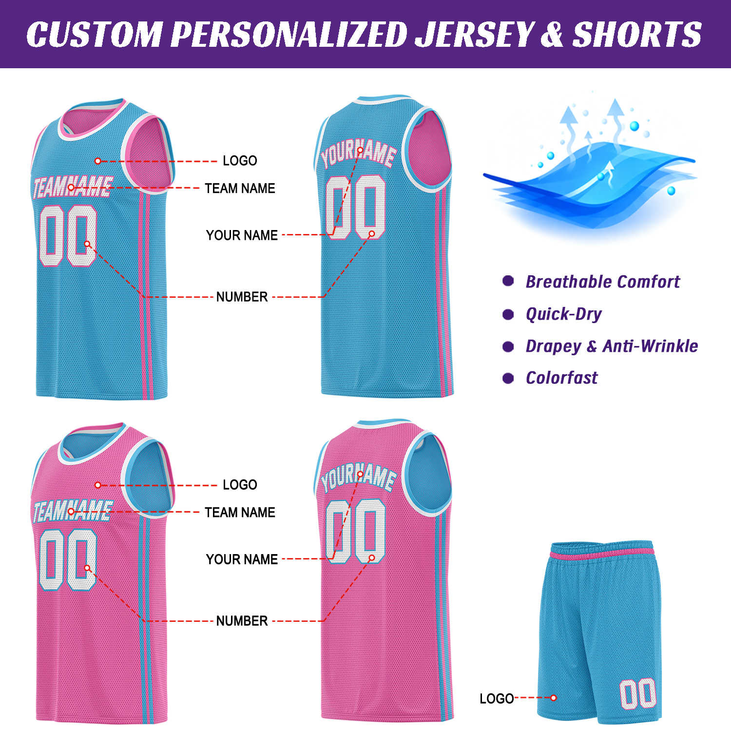 Custom Reversible Teal & Pink Basketball Uniform | Jersey & Shorts Set - Vosoli