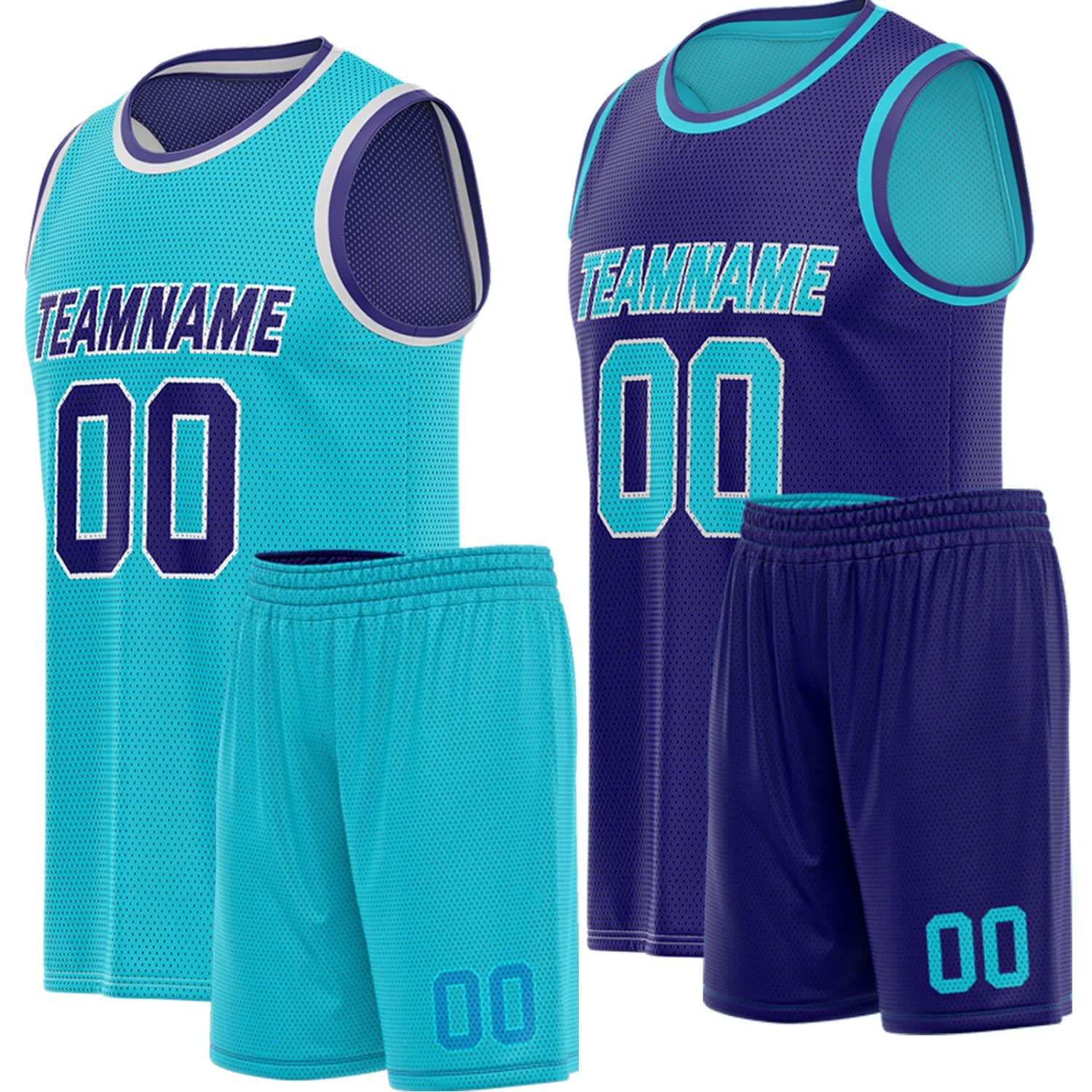 Custom reversible teal & purple basketball uniform, personalized team name number Logo breathable Mesh sports set for men women youth Adult game practice - Vosoli