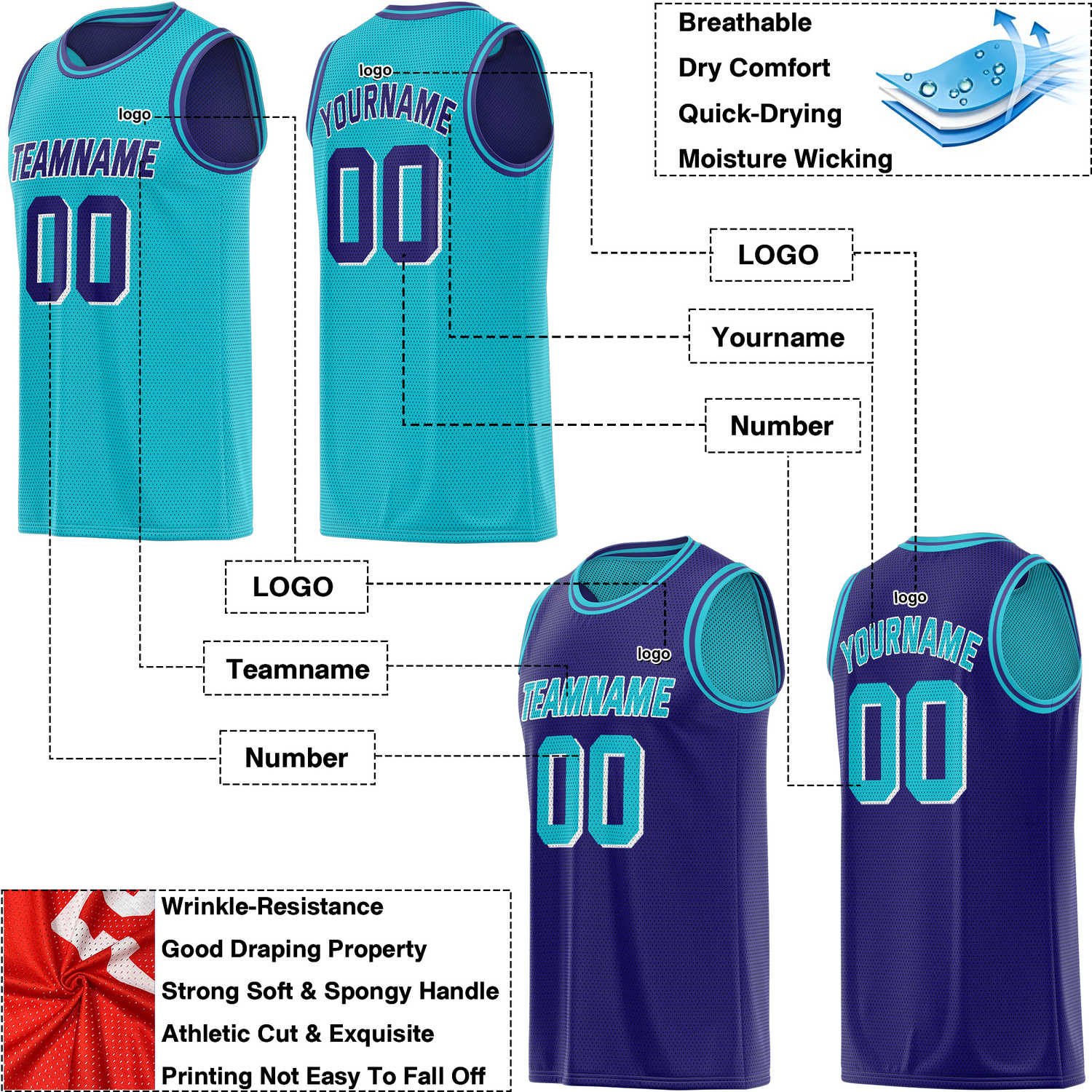 Custom Reversible Teal & Purple Mesh Basketball Jersey | Personalized Team Jersey | Vosoli