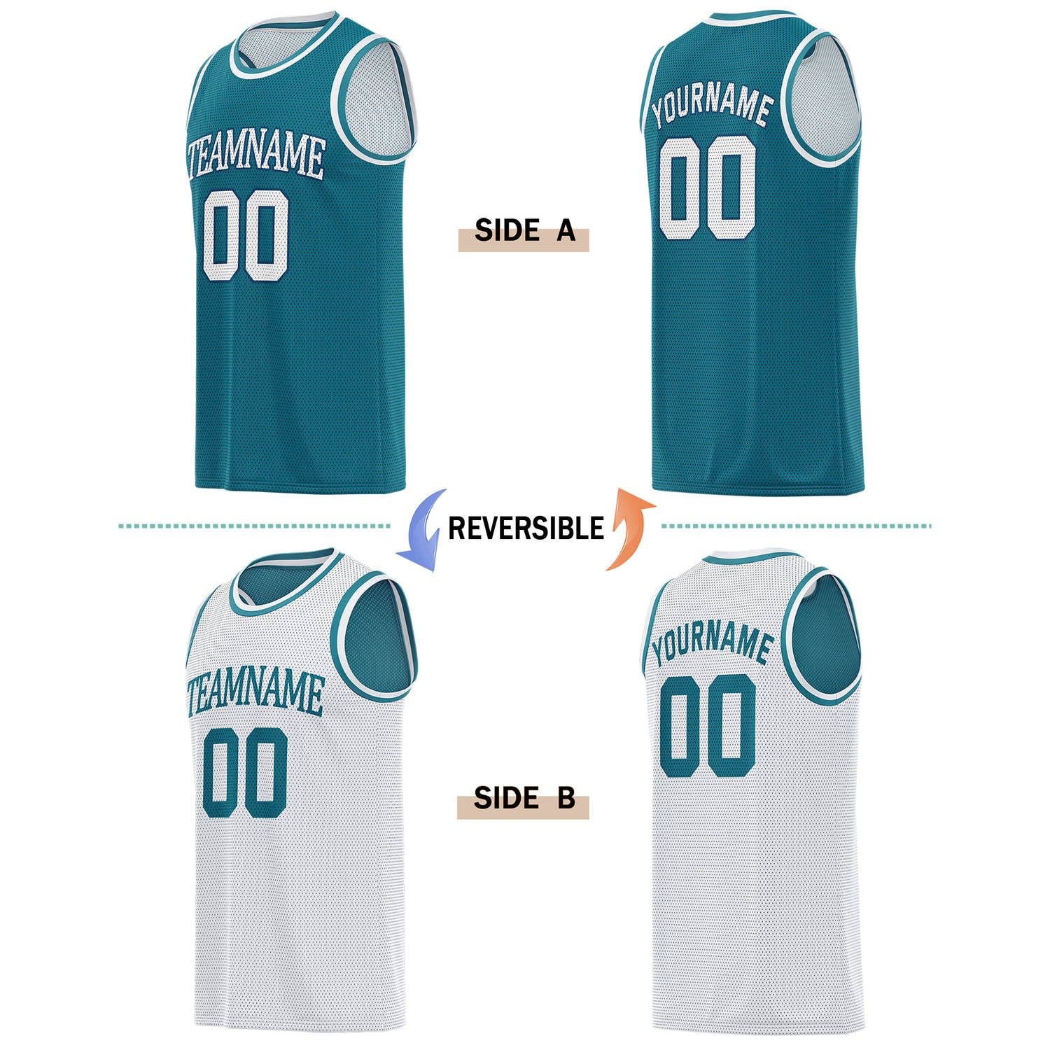 Custom Reversible Teal & White Basketball Jersey | Personalized for Team Sports - Vosoli