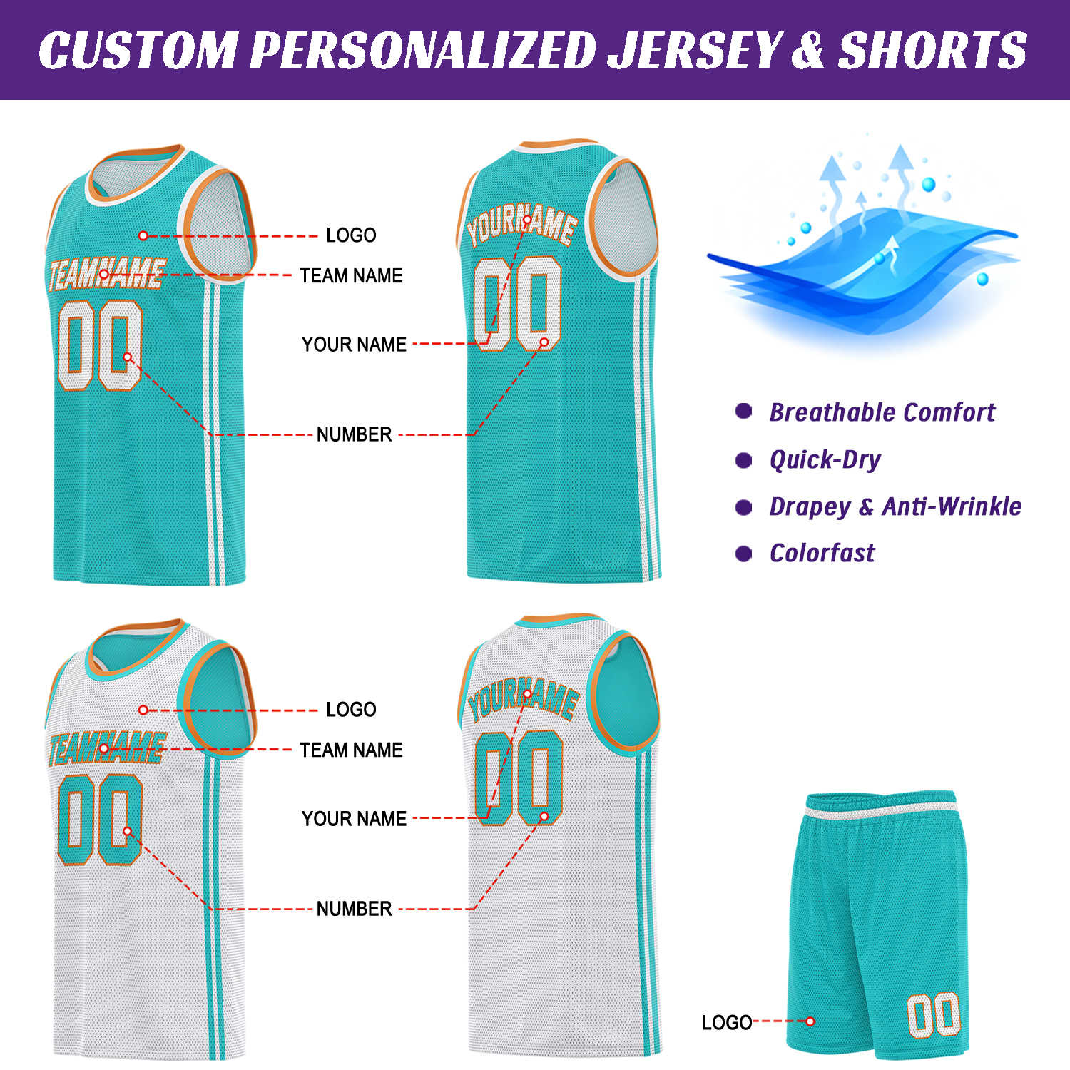 Custom Reversible Teal & White Basketball Uniform | Jersey & Shorts Set - Vosoli