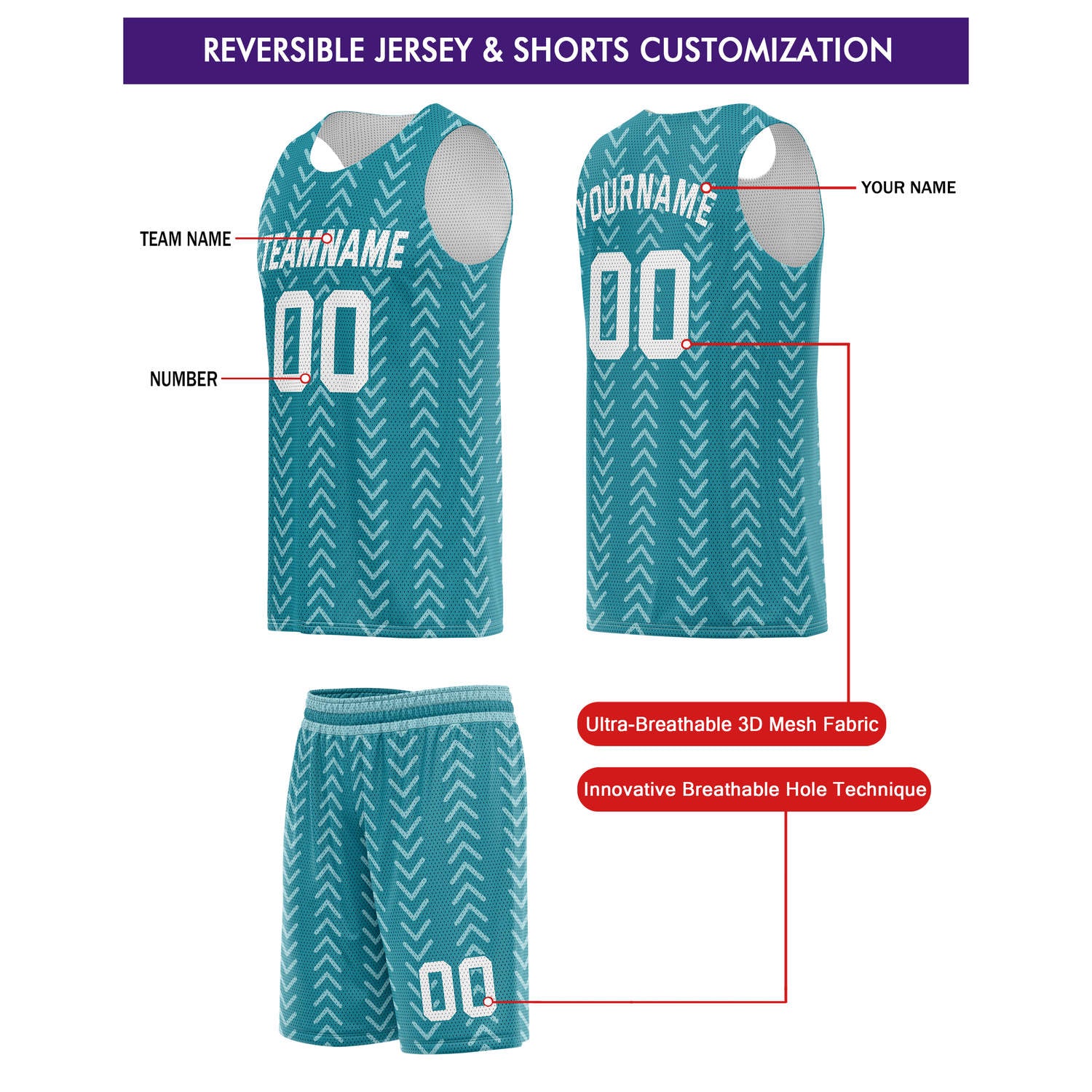 Custom Reversible Basketball Jersey + Shorts Set (Teal & White Chevron) - Personalized Team Name, Number & LOGO | Vosoli