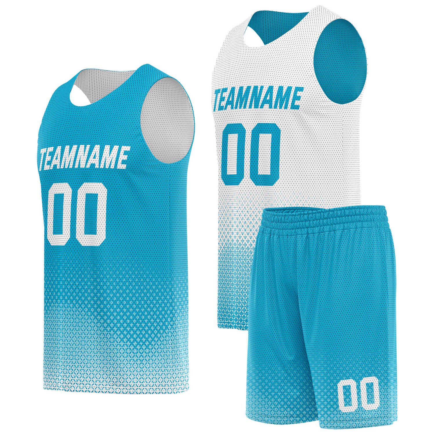 Custom reversible teal white basketball uniform, personalized team name number logo breathable Mesh sports set for men women youth game practice wear - Vosoli