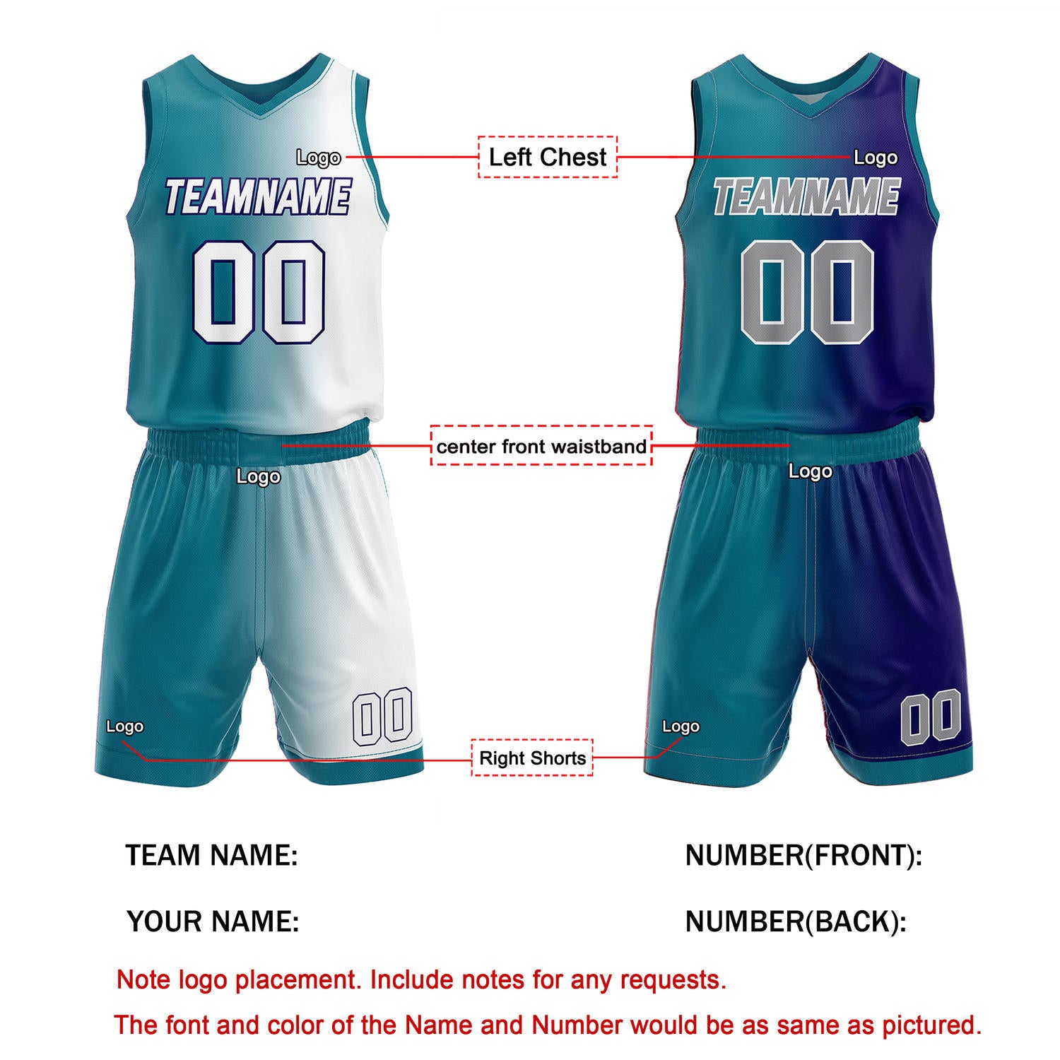 Custom Reversible Teal White Purple Basketball Uniform Set | Team & Player Name - Vosoli