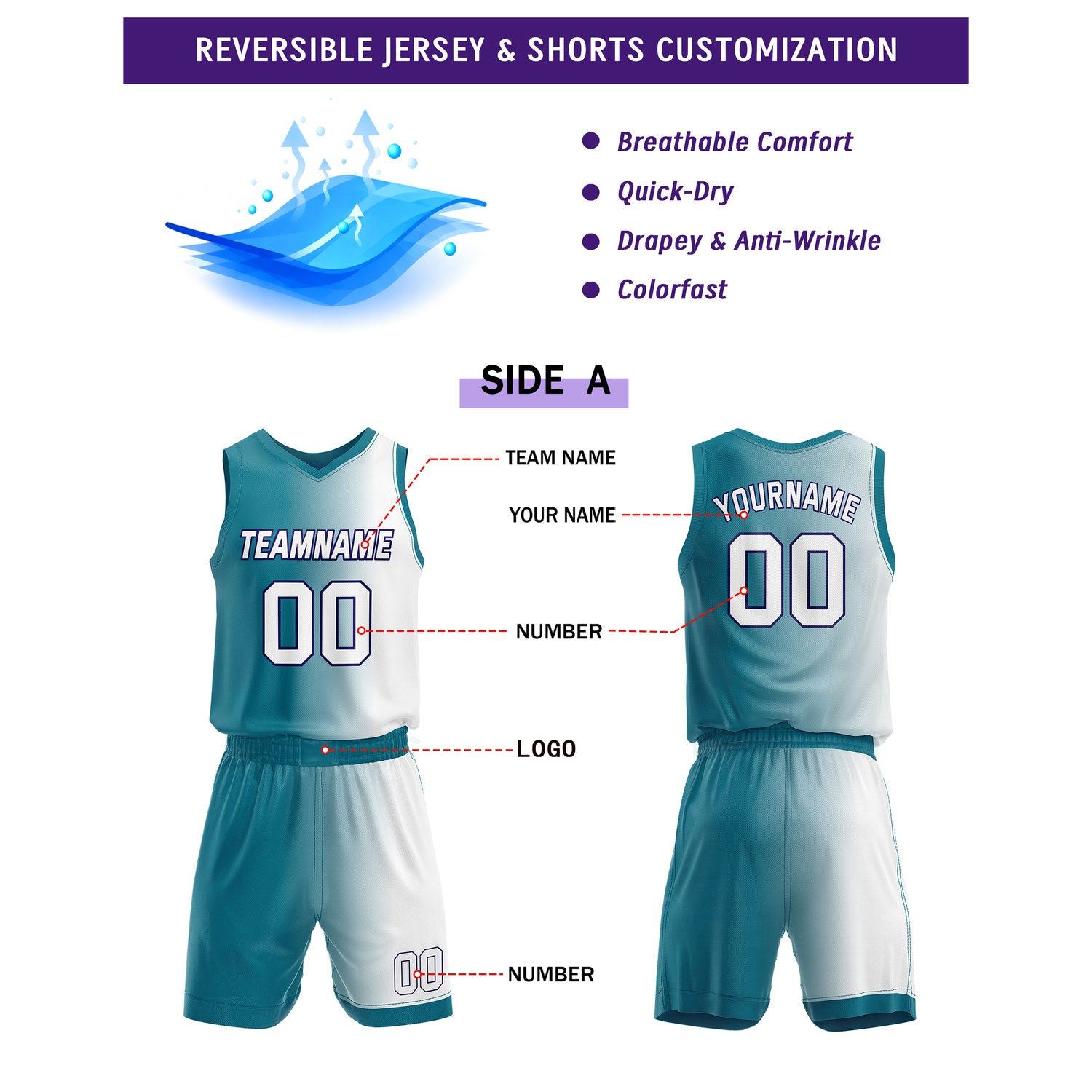 Custom Reversible Teal White Purple Basketball Uniform Set | Team & Player Name - Vosoli