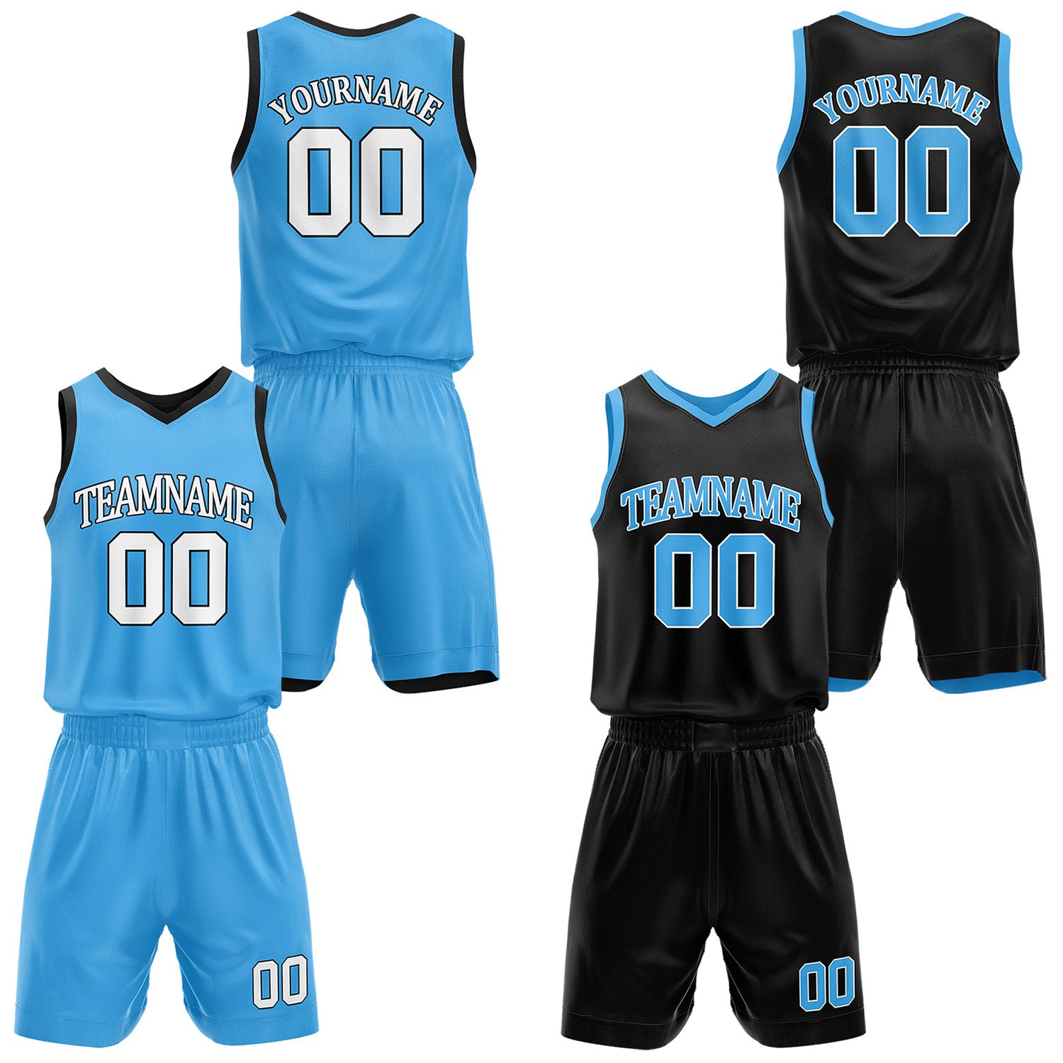 Custom reversible light blue & black basketball uniform set, personalized with team name number and logo, sports jersey and shorts for men women youth game practice - Vosoli