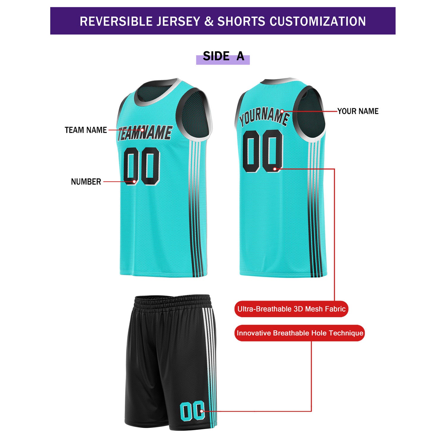 Custom Reversible Turquoise Black Basketball Uniform Set | Team & Player Name - Vosoli