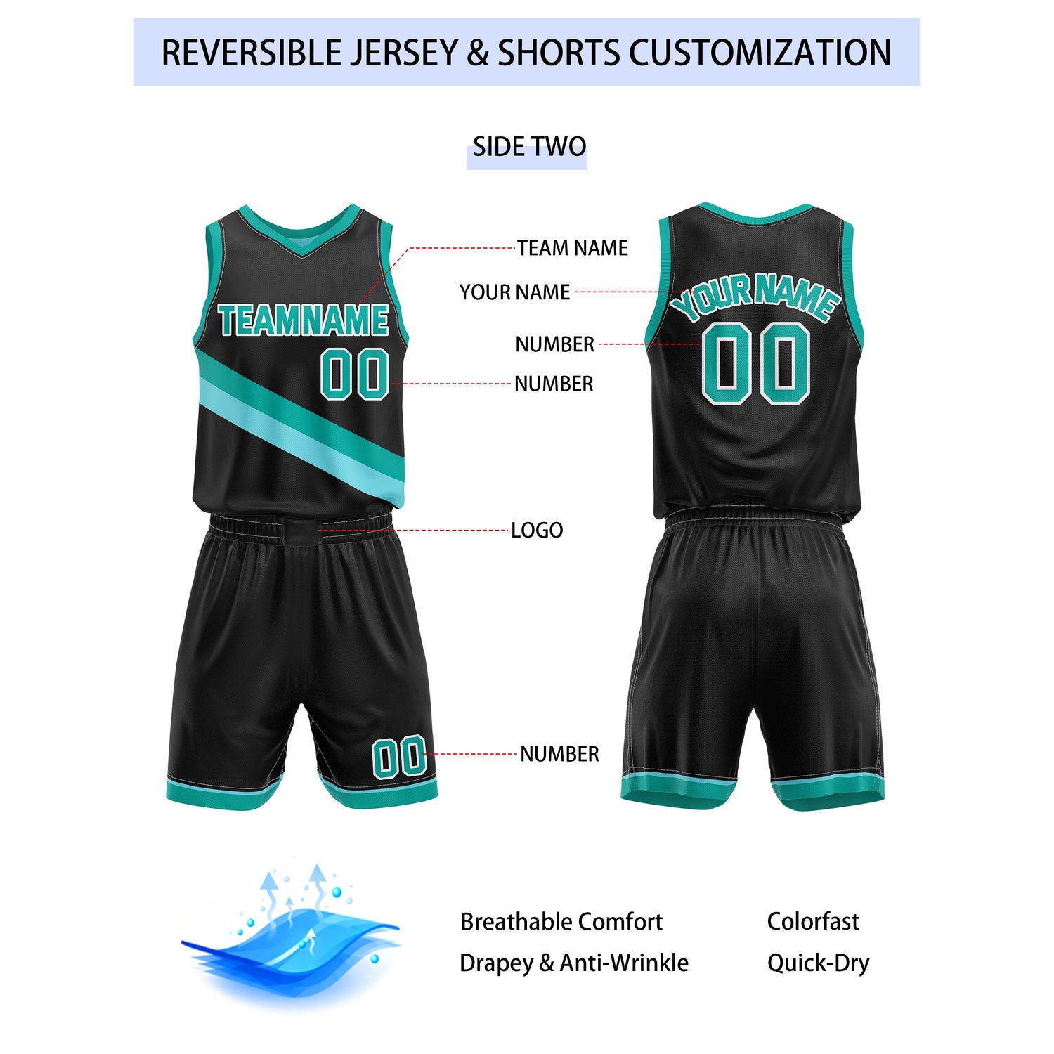 Custom Reversible Turquoise Black Basketball Uniform Set | Team & Player Name - Vosoli