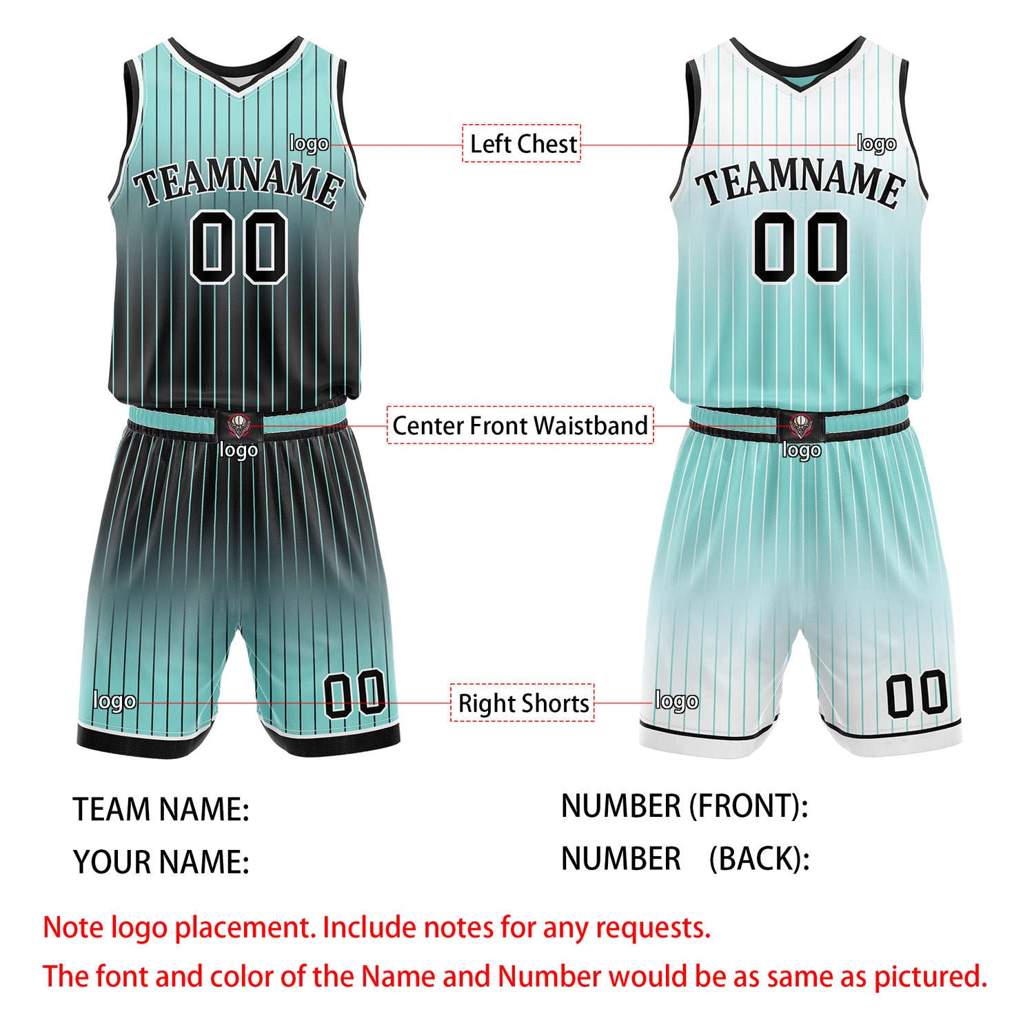 Custom Reversible Turquoise Black White Gradient Striped Basketball Uniform Set | Team & Player Name - Vosoli
