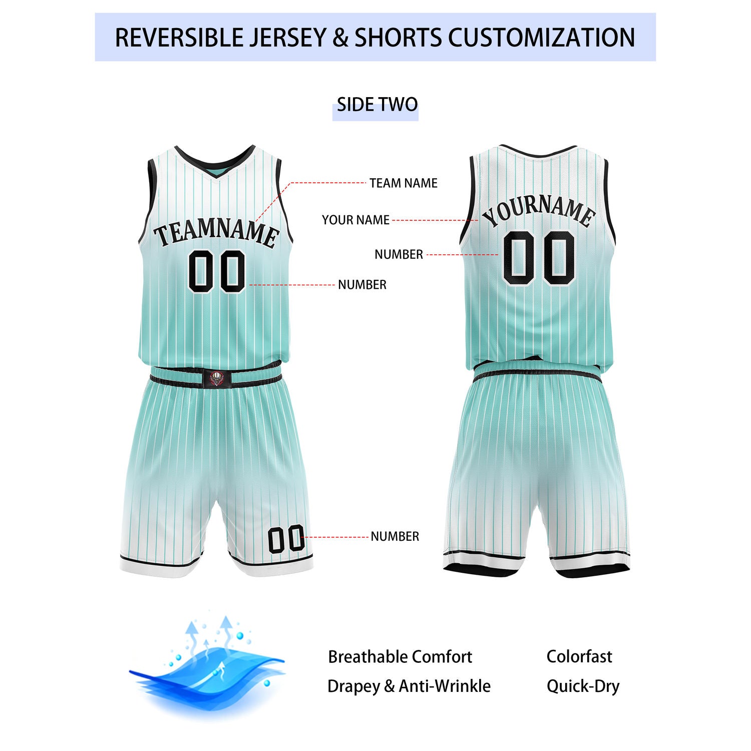 Custom Reversible Turquoise Black White Gradient Striped Basketball Uniform Set | Team & Player Name - Vosoli
