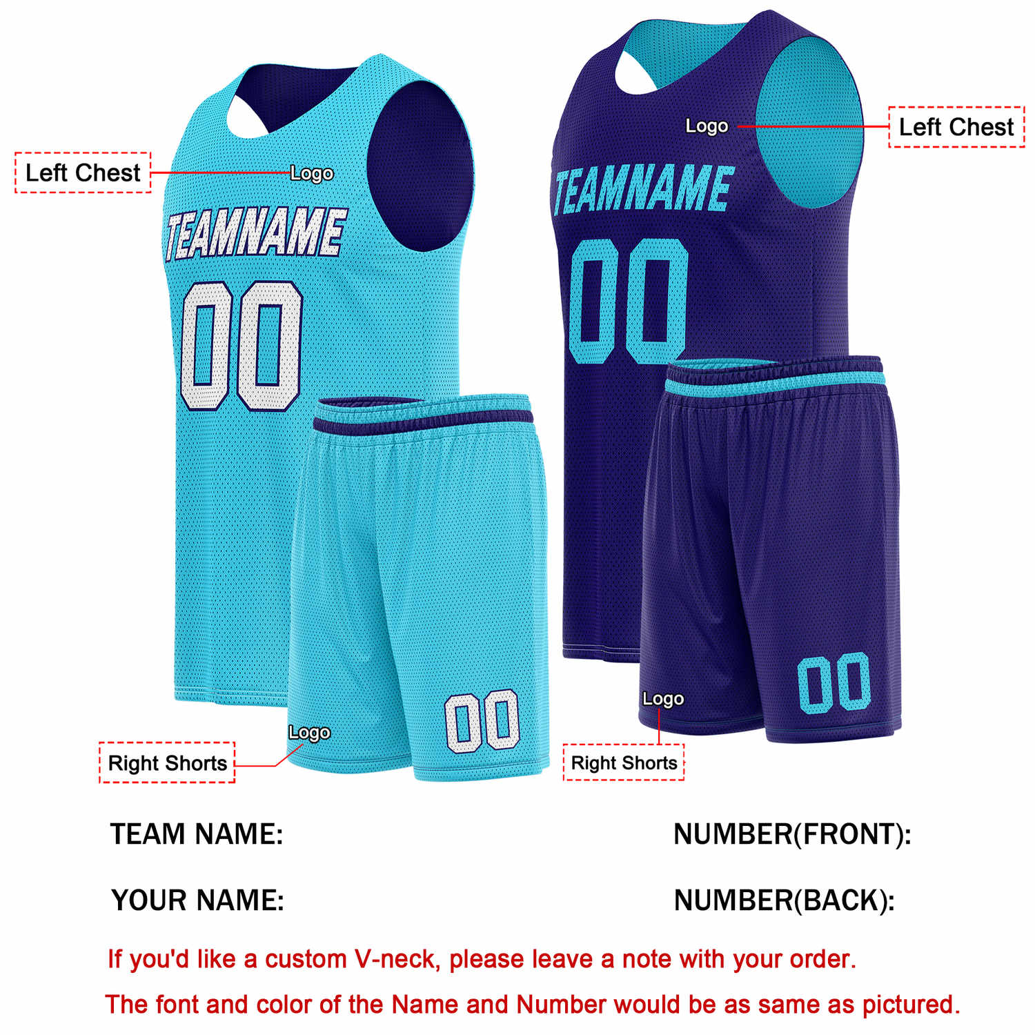 Custom Reversible Turquoise Navy Basketball Uniform Set | Team Name & Number - Vosoli
