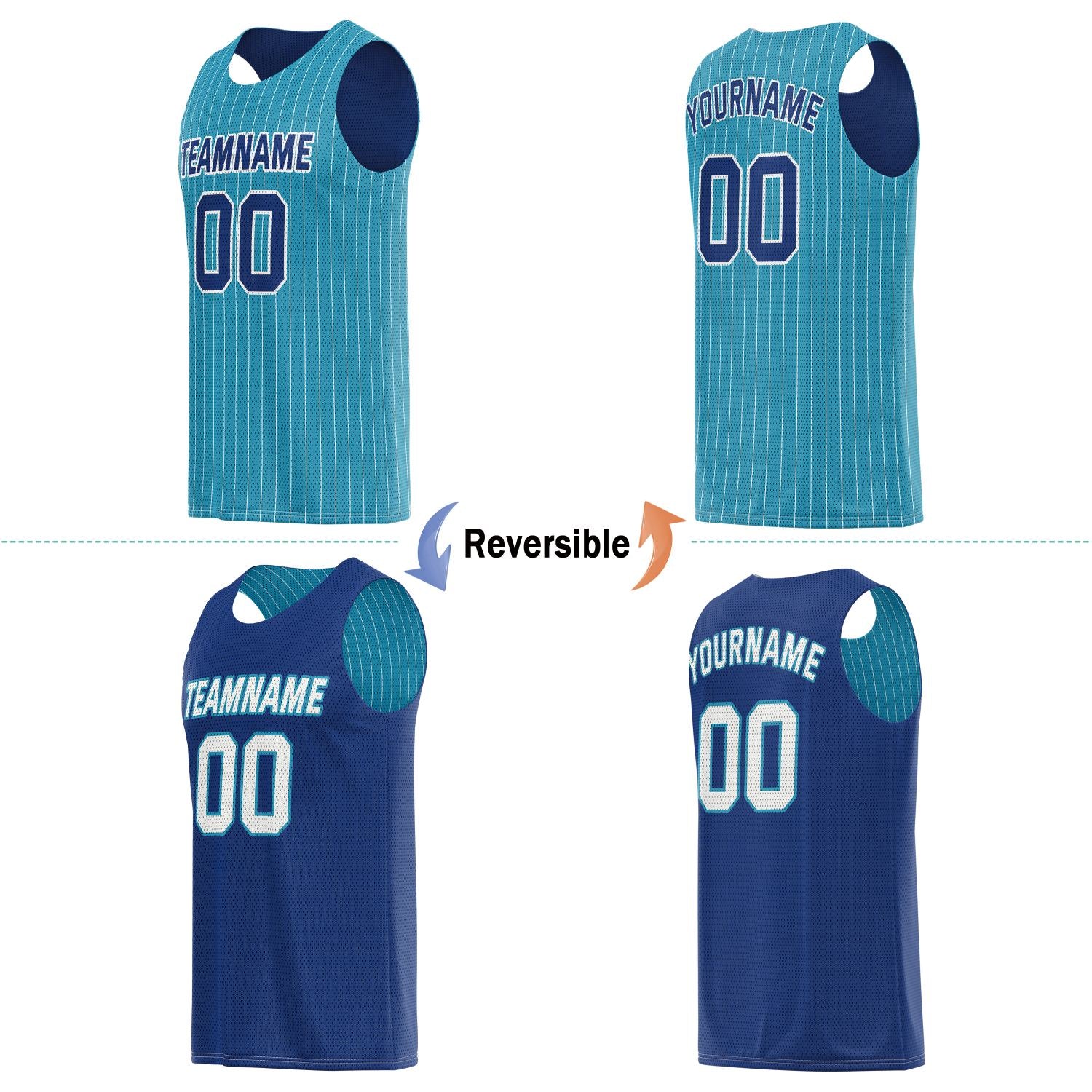 Custom Reversible Turquoise Navy Striped Basketball Jersey | Personalized Team Name, Number & LOGO | Vosoli