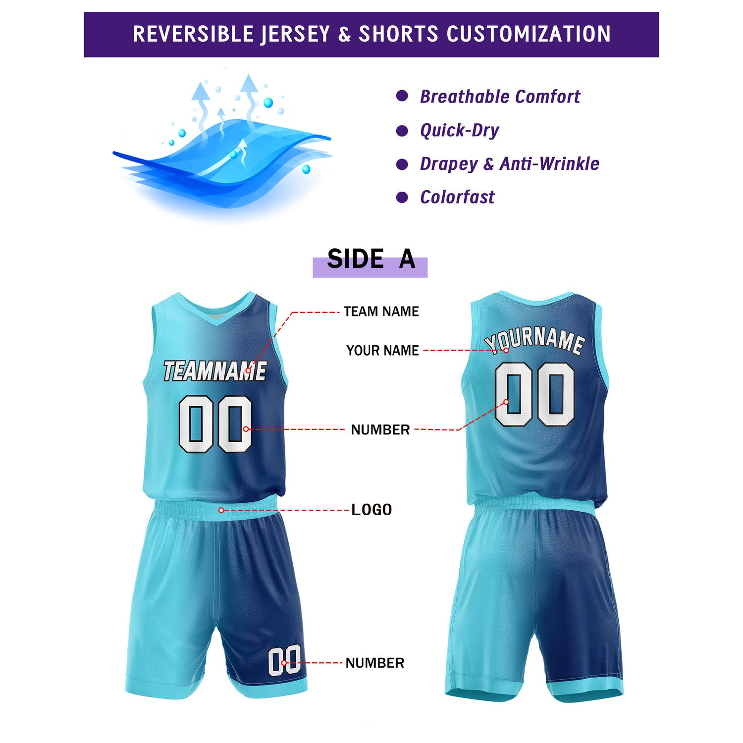 Custom Reversible Turquoise Navy White Basketball Uniform Set | Team & Player Name - Vosoli