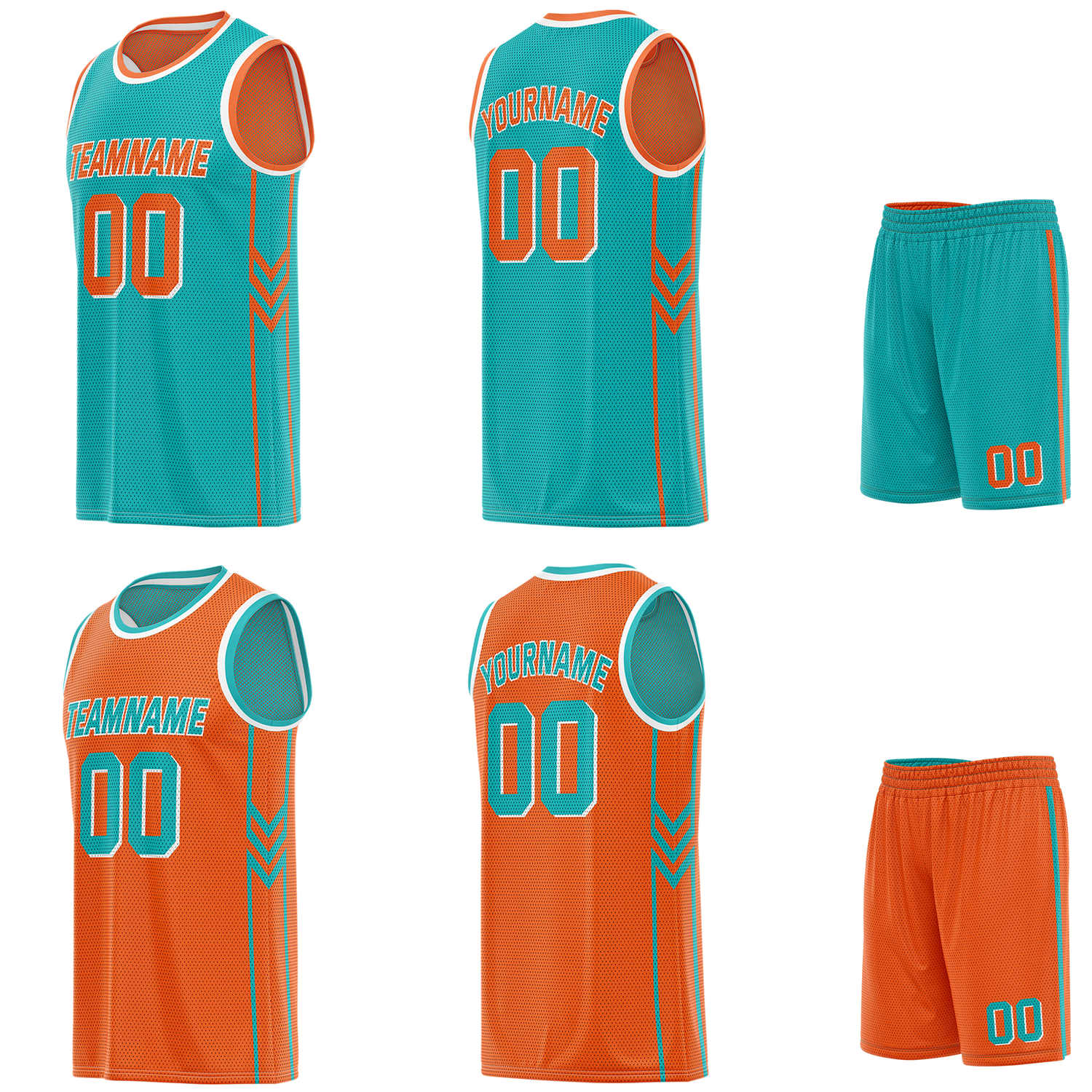 Custom reversible turquoise & orange basketball uniform set, personalized with team name number and logo, breathable mesh fabric for men women youth game practice - Vosoli