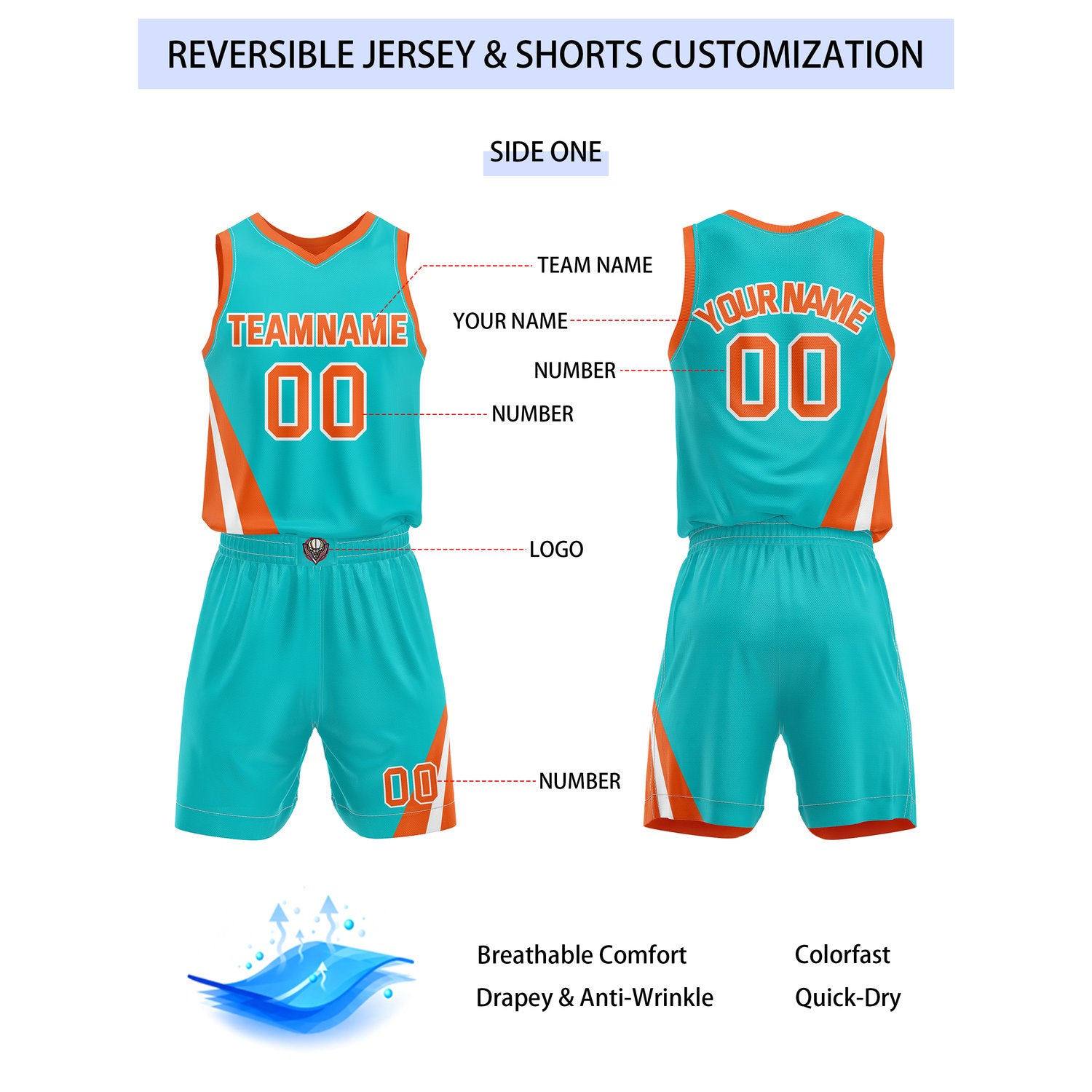 Custom Reversible Turquoise Orange Basketball Uniform Set | Team & Player Name - Vosoli