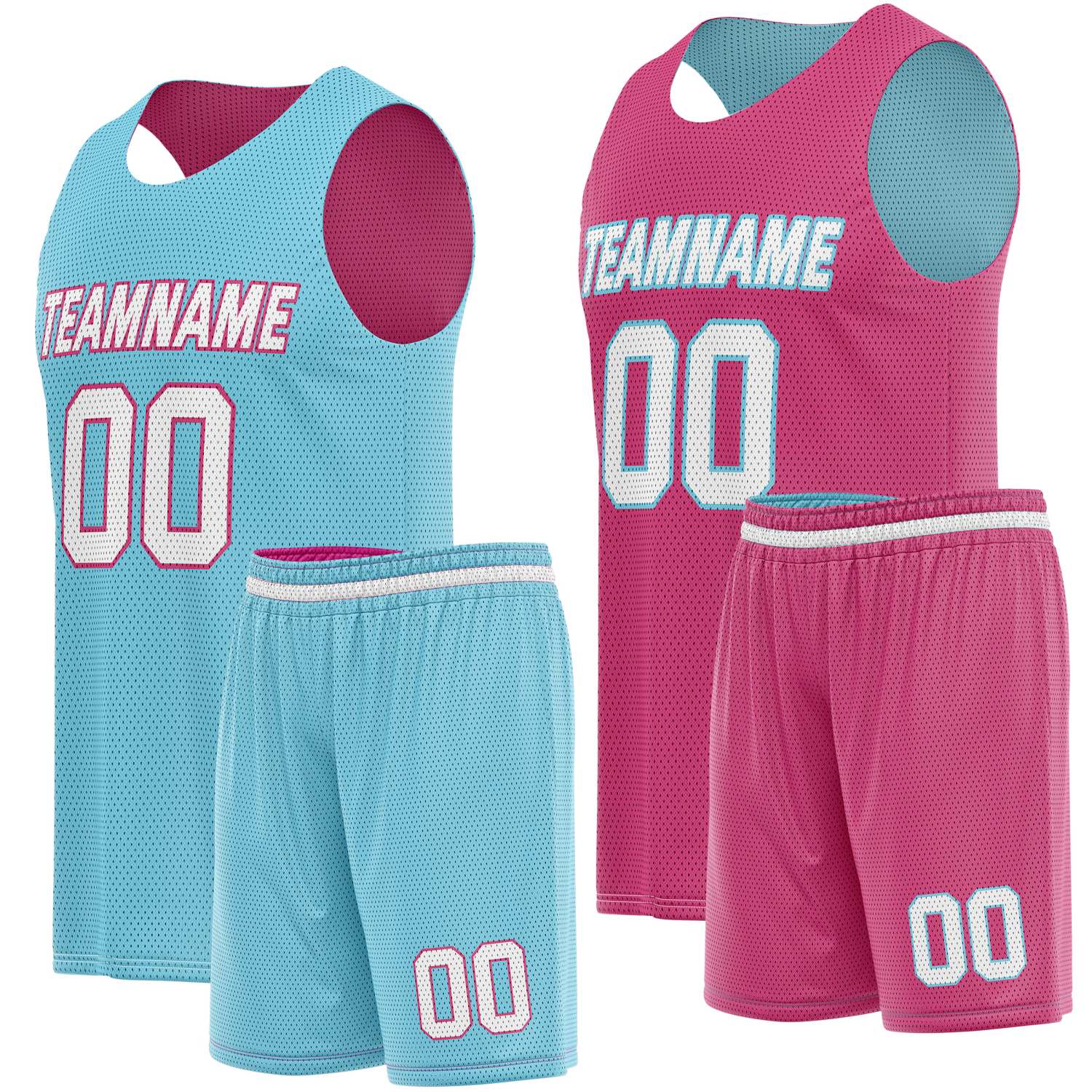 Custom Reversible Turquoise Pink Basketball Jersey Shorts Set, Personalized Team Name Number, Breathable Mesh Uniform for Men Women Youth