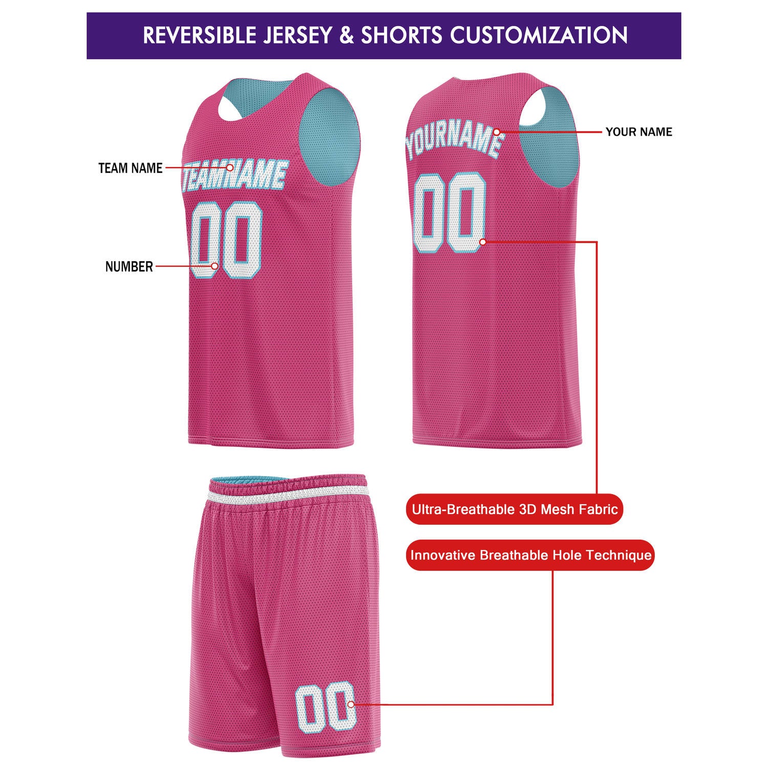 Custom Reversible Turquoise Pink Basketball Jersey & Shorts Set | Personalized Team Kit | Vosoli