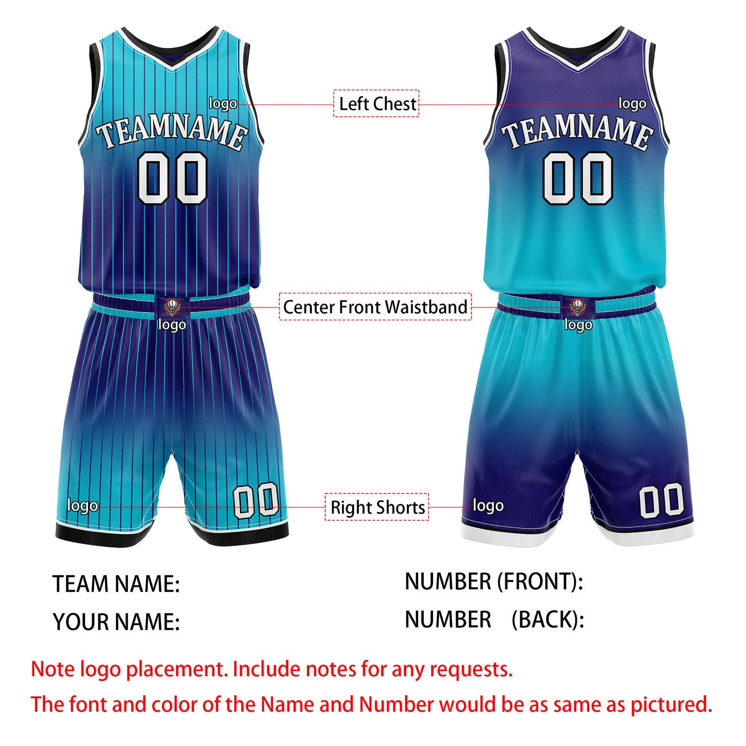 Custom Reversible Turquoise Purple Gradient Striped Basketball Uniform Set | Team & Player Name - Vosoli