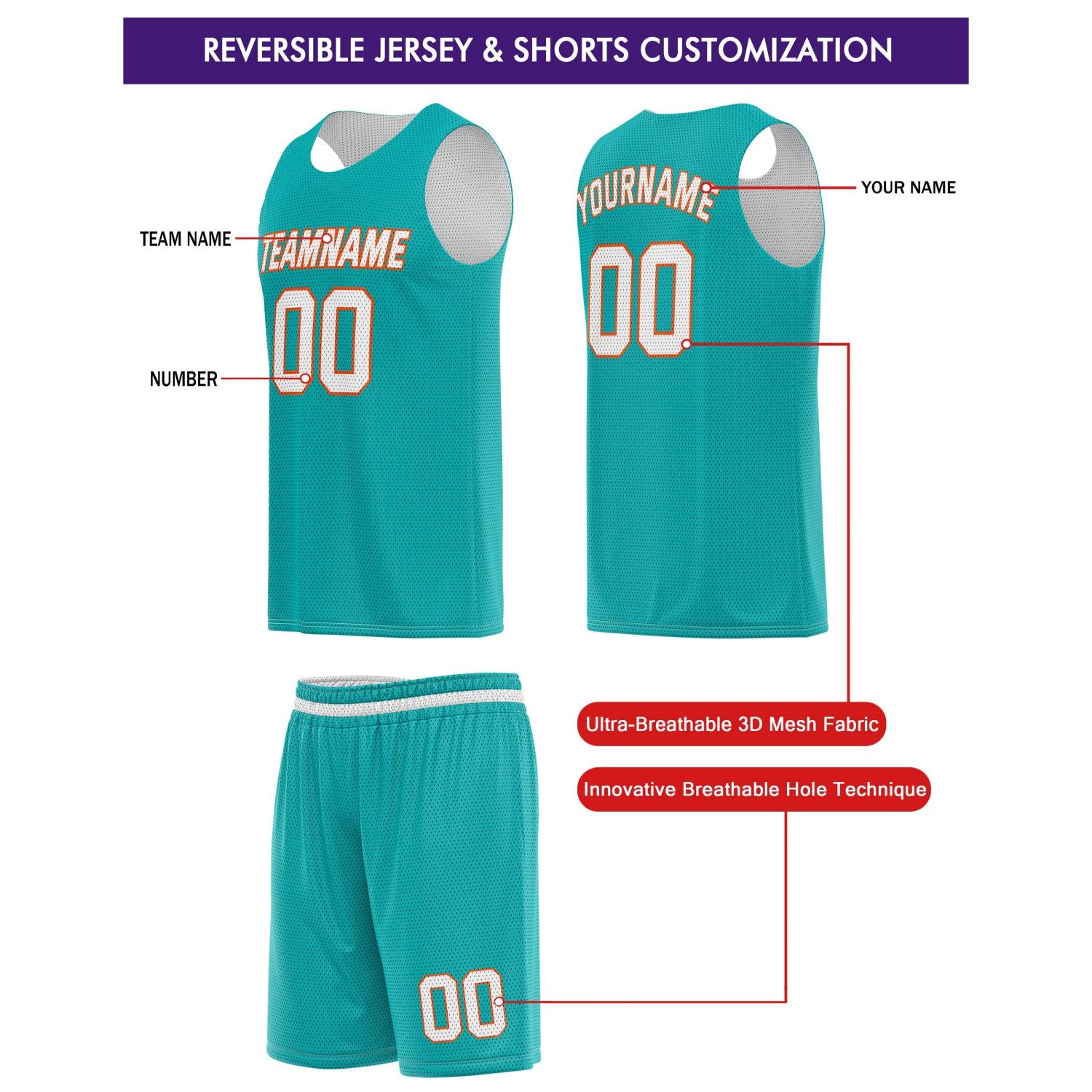 Custom Reversible Turquoise White Basketball Jersey & Shorts Set | Personalized Team Kit | Vosoli
