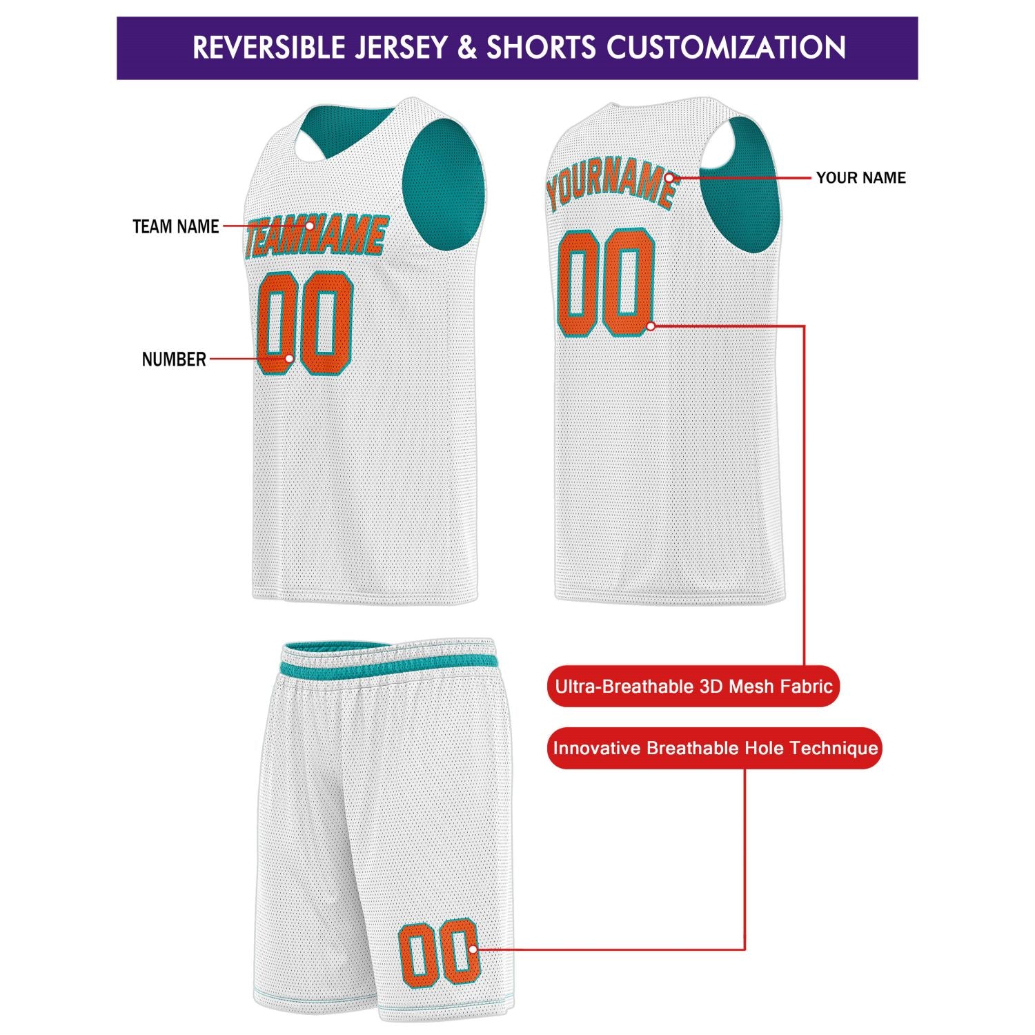 Custom Reversible Turquoise White Basketball Jersey & Shorts Set | Personalized Team Kit | Vosoli