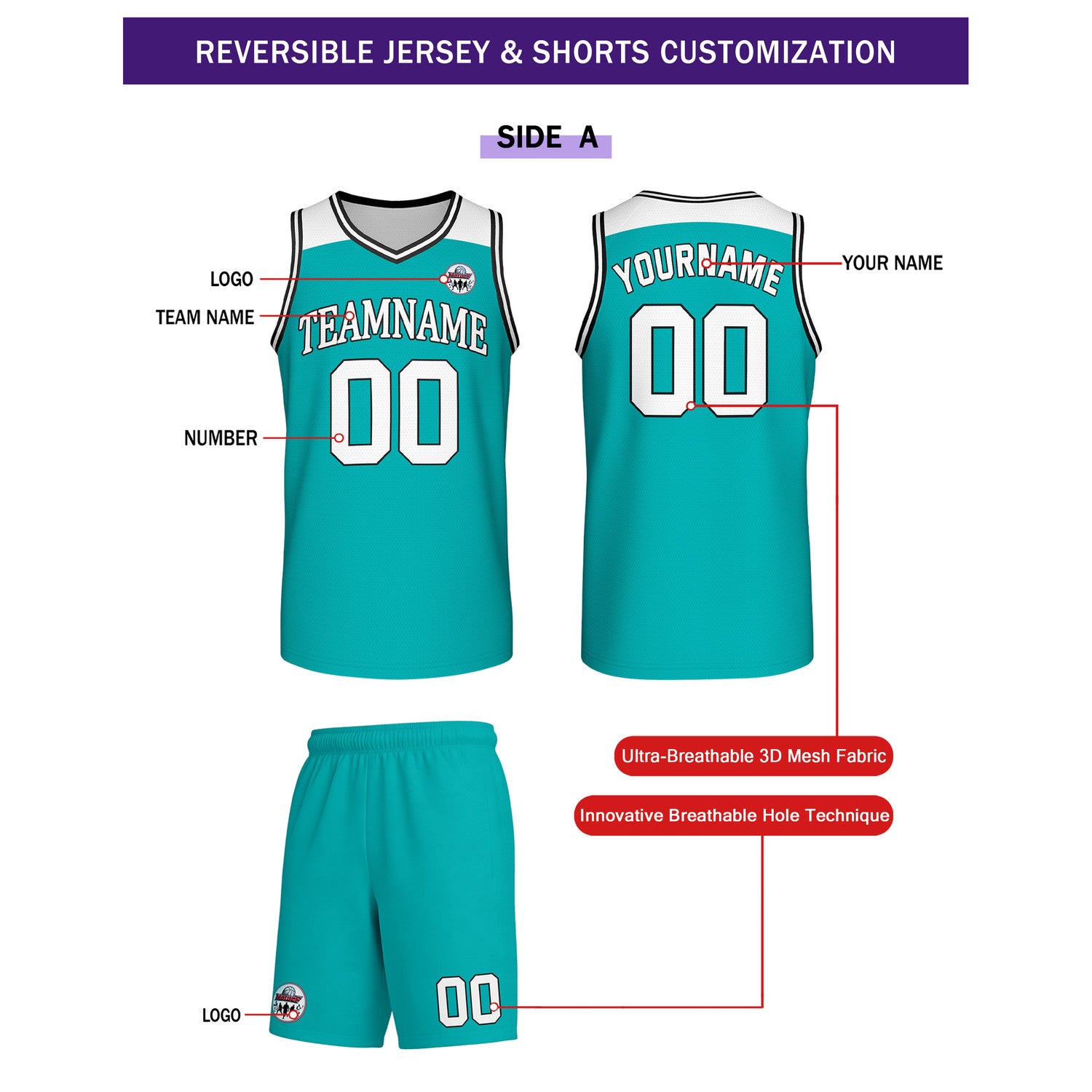 Custom Reversible Turquoise White Basketball Uniform Set | Team Name & Number - Vosoli