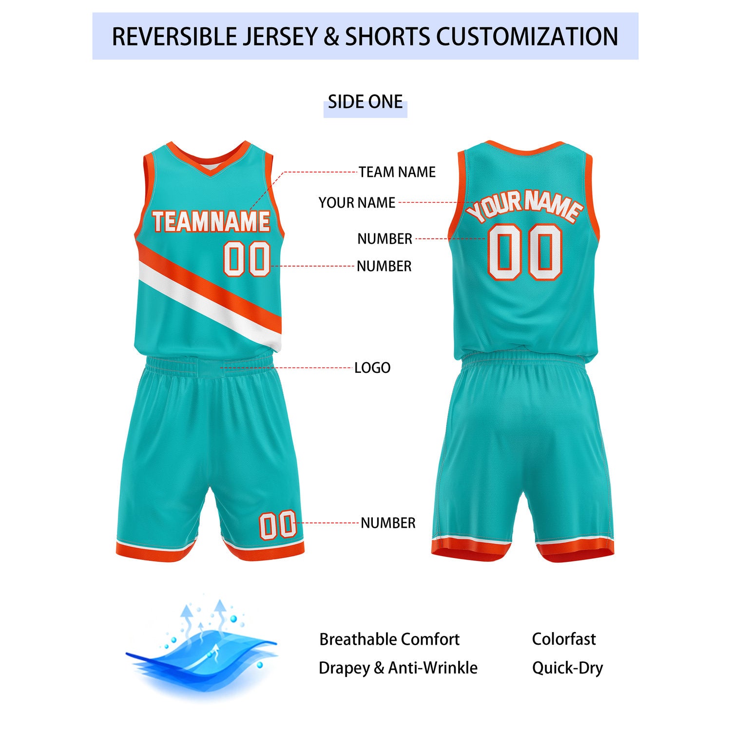 Custom Reversible Turquoise White Orange Basketball Uniform Set | Team & Player Name - Vosoli