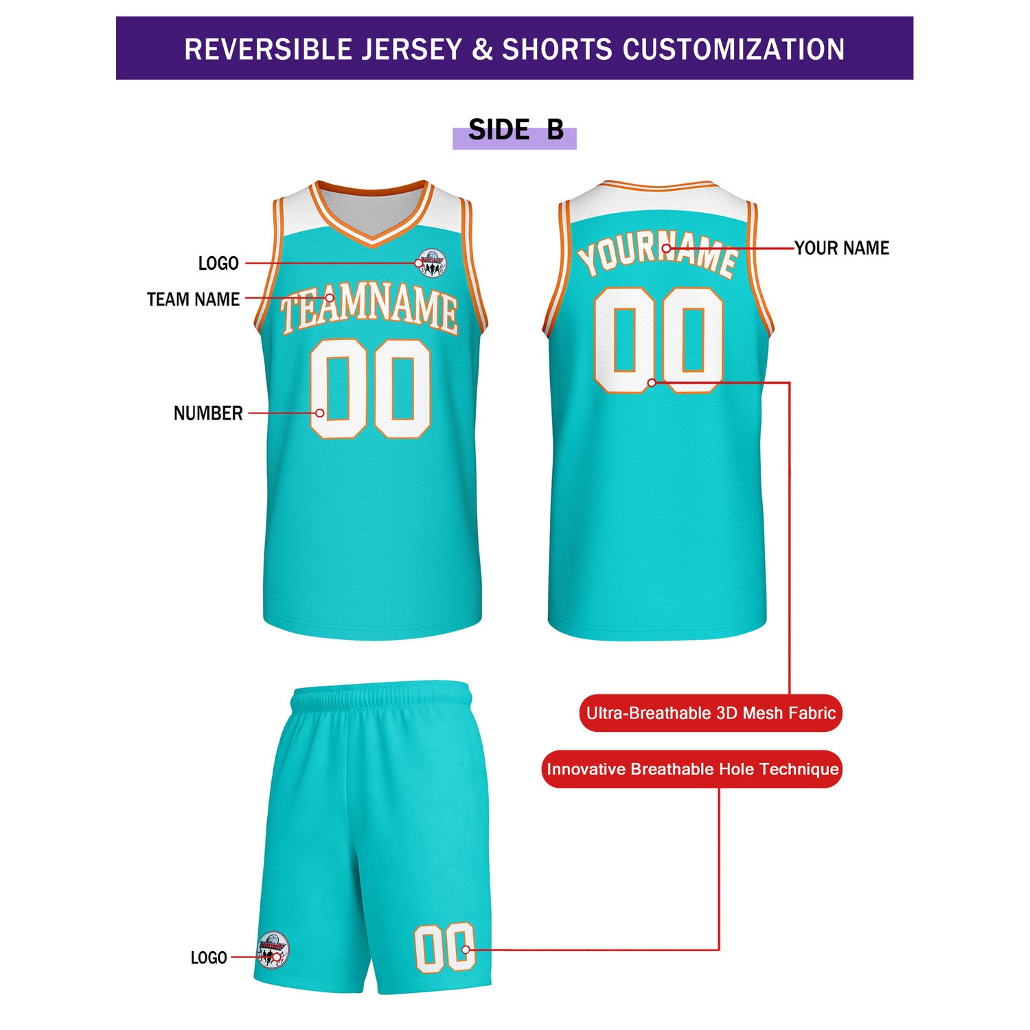 Custom Reversible Turquoise White Orange Basketball Uniform Set | Team Name & Number - Vosoli