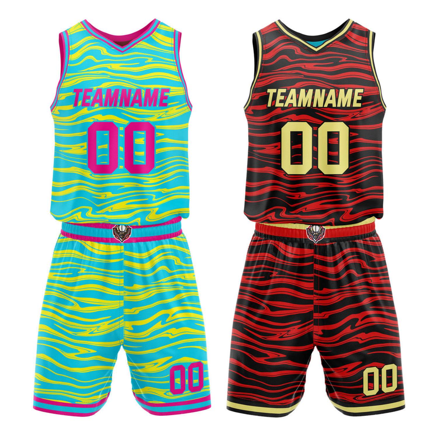 Custom Reversible Turquoise-Yellow-Pink & Black Wave Basketball Jersey Set - Personalized Team Name, Number & LOGO | Vosoli