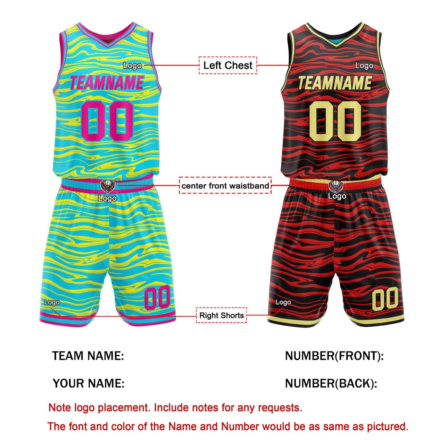 Custom Reversible Turquoise-Yellow-Pink & Black Wave Basketball Jersey Set - Personalized Team Name, Number & LOGO | Vosoli