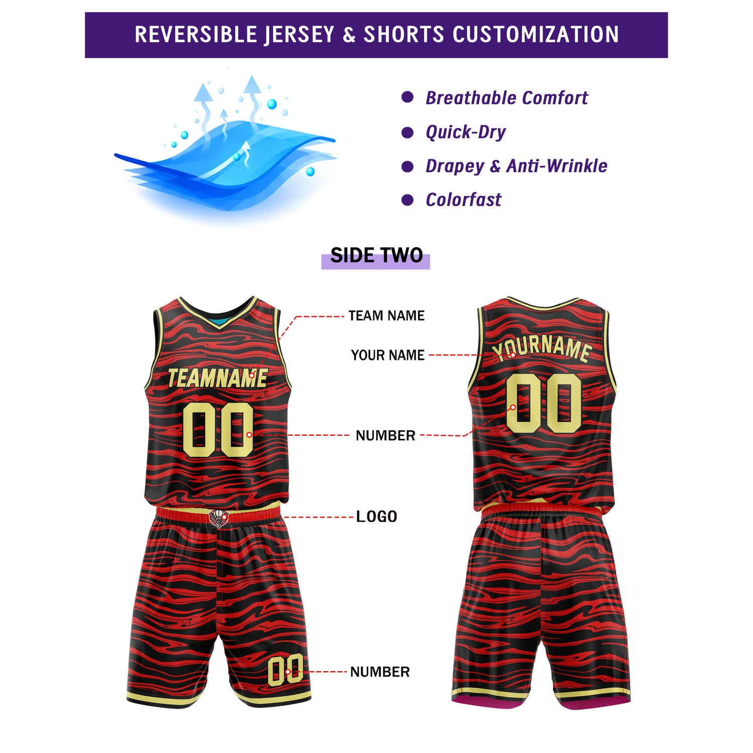 Custom Reversible Turquoise-Yellow-Pink & Black Wave Basketball Jersey Set - Personalized Team Name, Number & LOGO | Vosoli