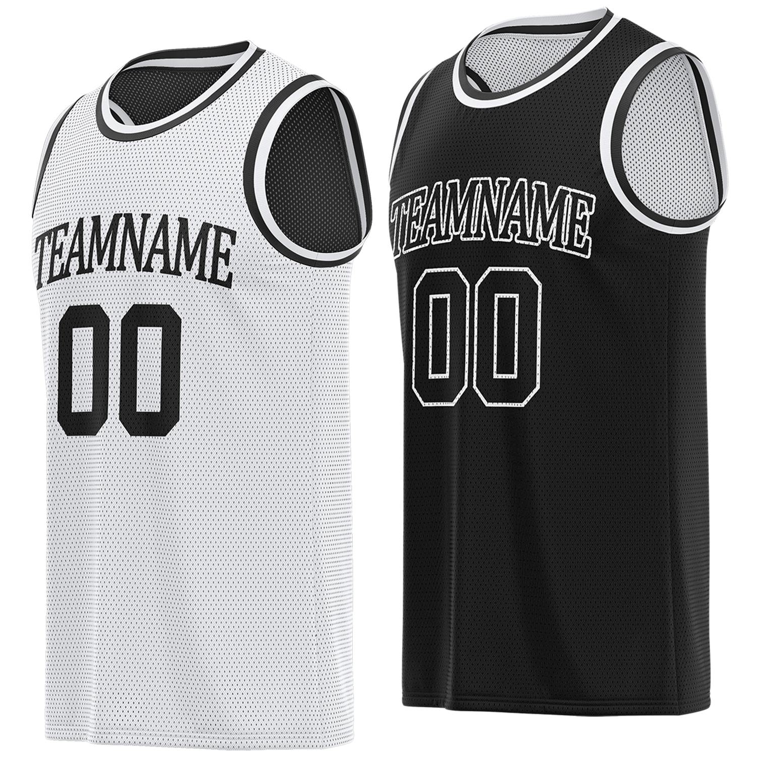 Custom reversible white & black basketball jersey, personalized team name number logo breathable mesh sports top for men women youth game practice - Vosoli