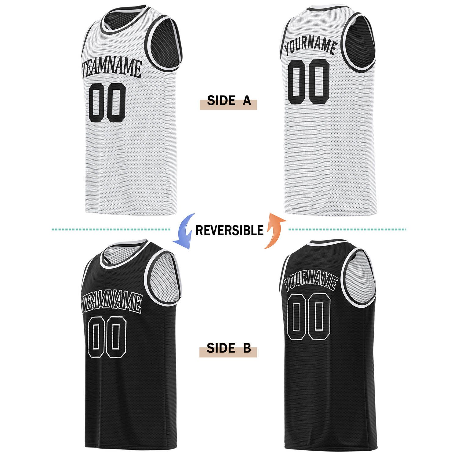 Custom Reversible White & Black Basketball Jersey | Personalized for Team Sports - Vosoli